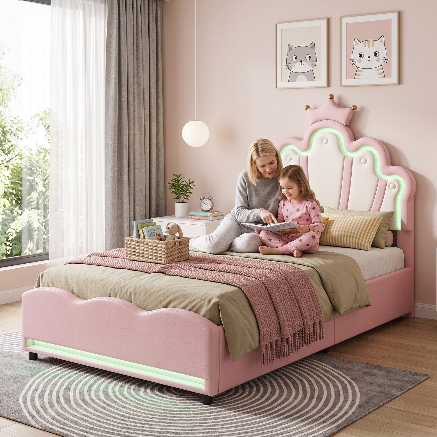 oyajia Polsterbett LED Kinderbett mit krone-Form Prinzessinnenbett (PU-Leder material Polsterbett mit Lattenrost und verstellbares gepolstertes Kopfteil), Moder – Bild 3 von 5
