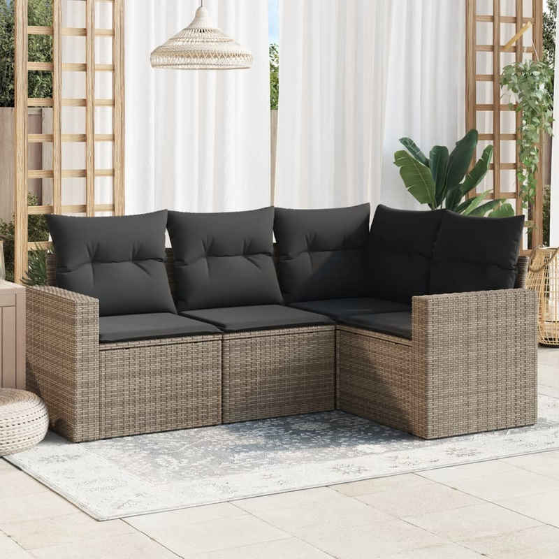 vidaXL Loungesofa 4-tlg. Garten-Sofagarnitur mit Kissen Grau Poly Rattan, 1 Teile