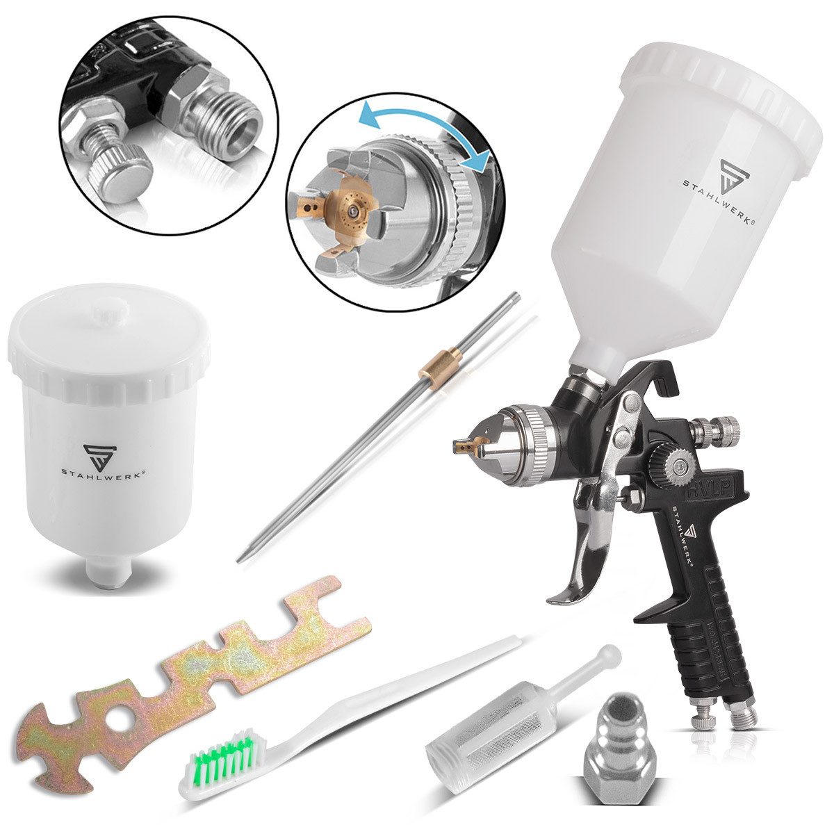 STAHLWERK Druckluftwerkzeug HVLP Lackierpistole SG-600 ST, (Paket, 7-tlg., Set), Profi Spritzpistole