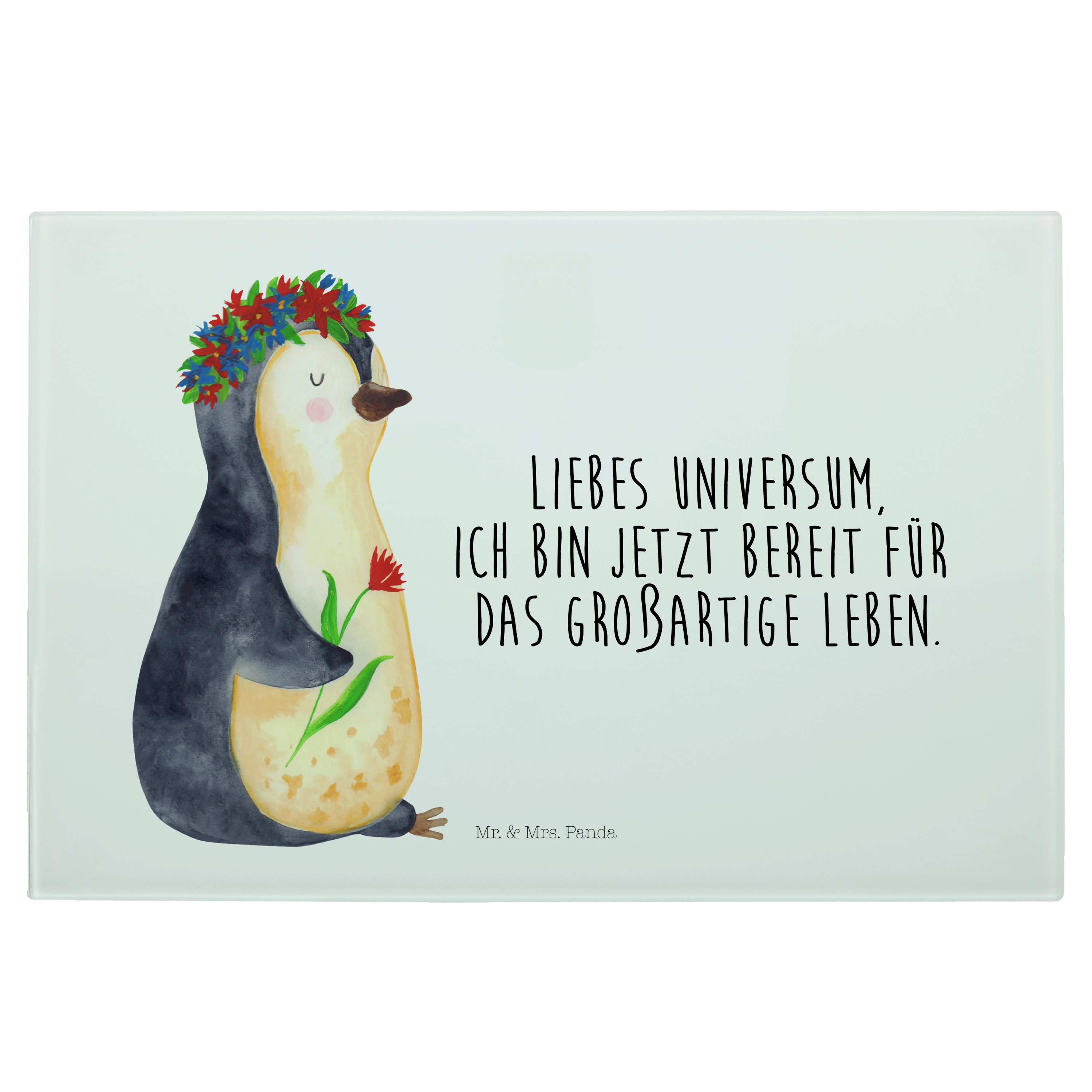 Mr. & Mrs. Panda Servierbrett Pinguin Blumenkranz - Weiß - Geschenk, Universum, Geschenkidee, Liebe, Premium Glas, (1-St)