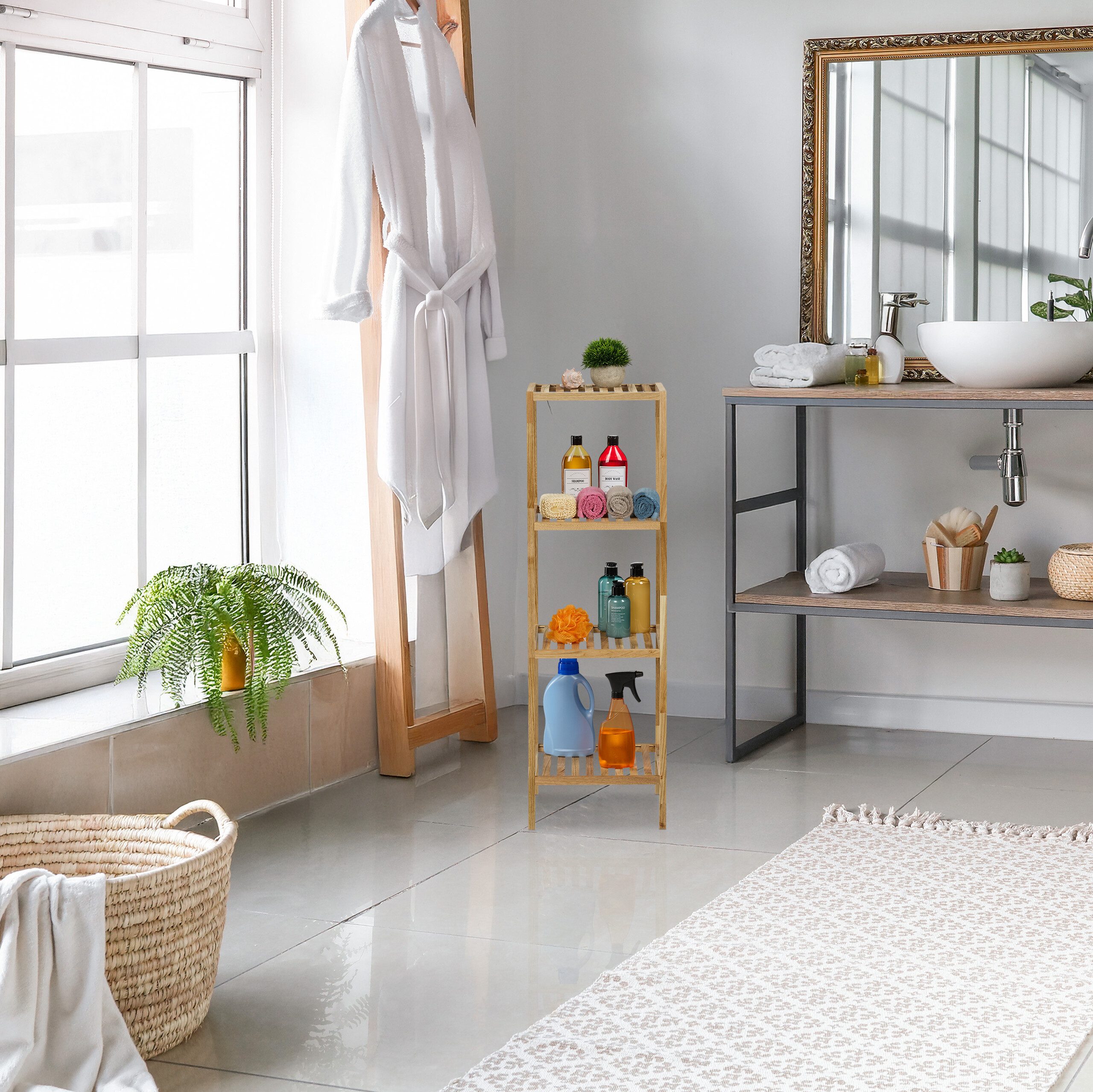 relaxdays Badregal Walnuss mit offenen Ablage, 3