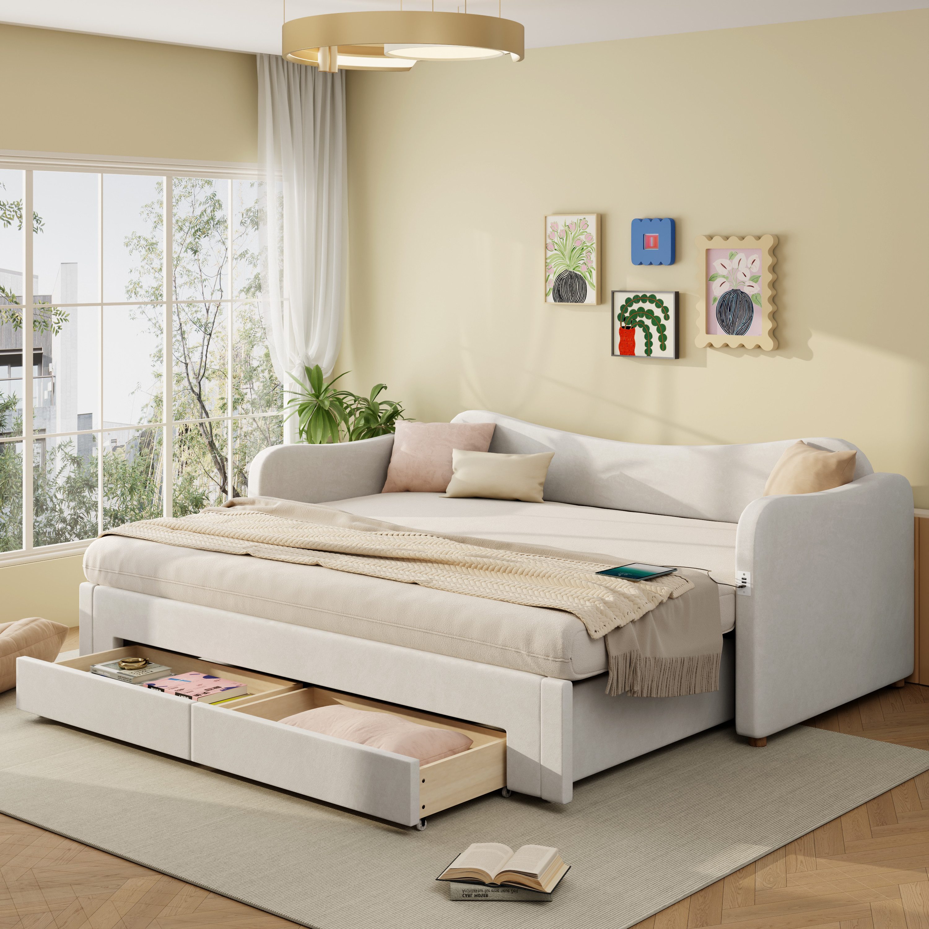 Odikalo Schlafsofa Schlafcouch 90x200 mit Ausziehbett Schubladen & USB, mit 2 Schubladen für Stauraum, Schlafsofa, Tagbett 90x200 cm, ausziehbar auf 180 cm, mit USB-Anschluss, Beige