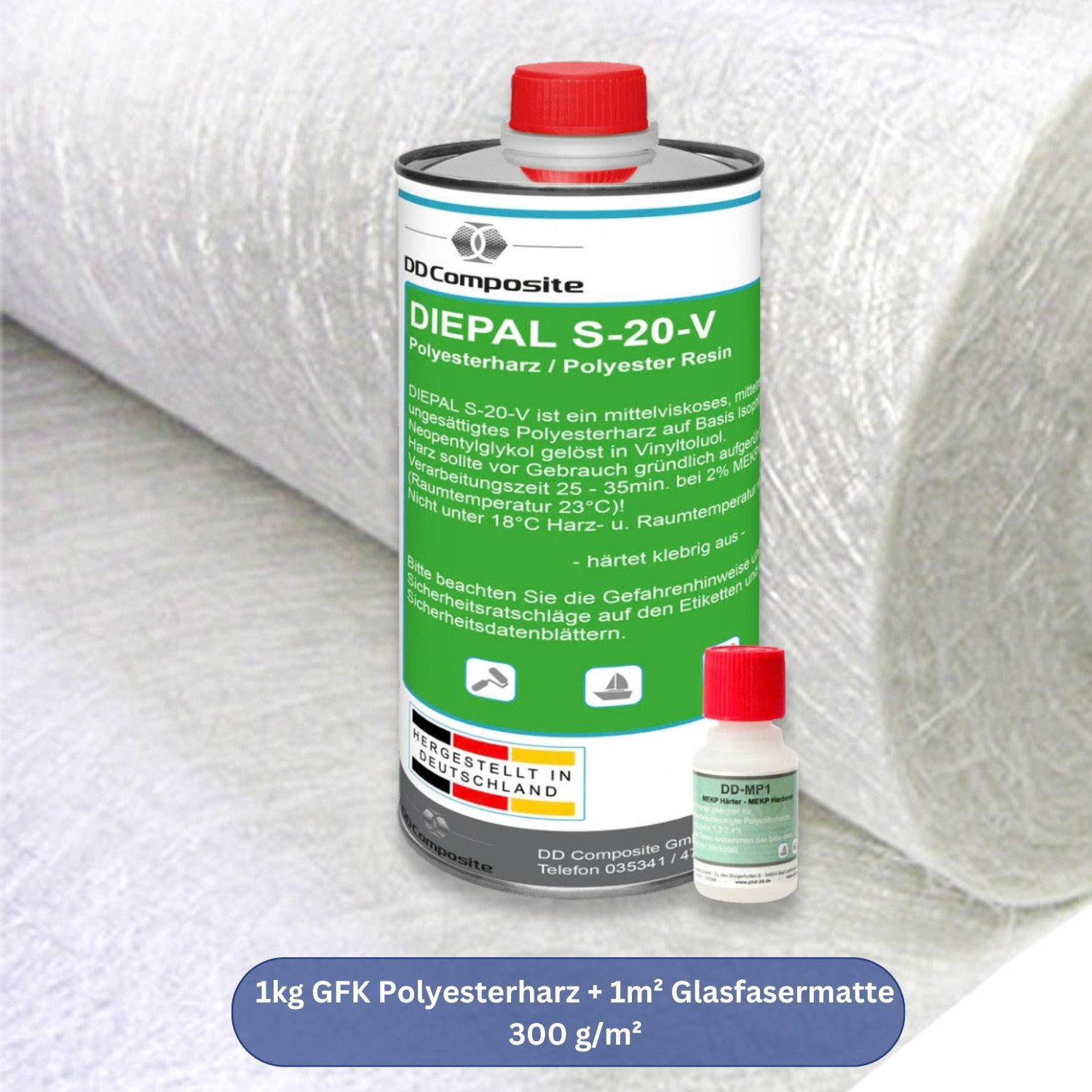 DD Composite Reparatur-Set 1kg GFK Polyesterharz + 1m² Glasfasermatte 300g/m², 3-St.