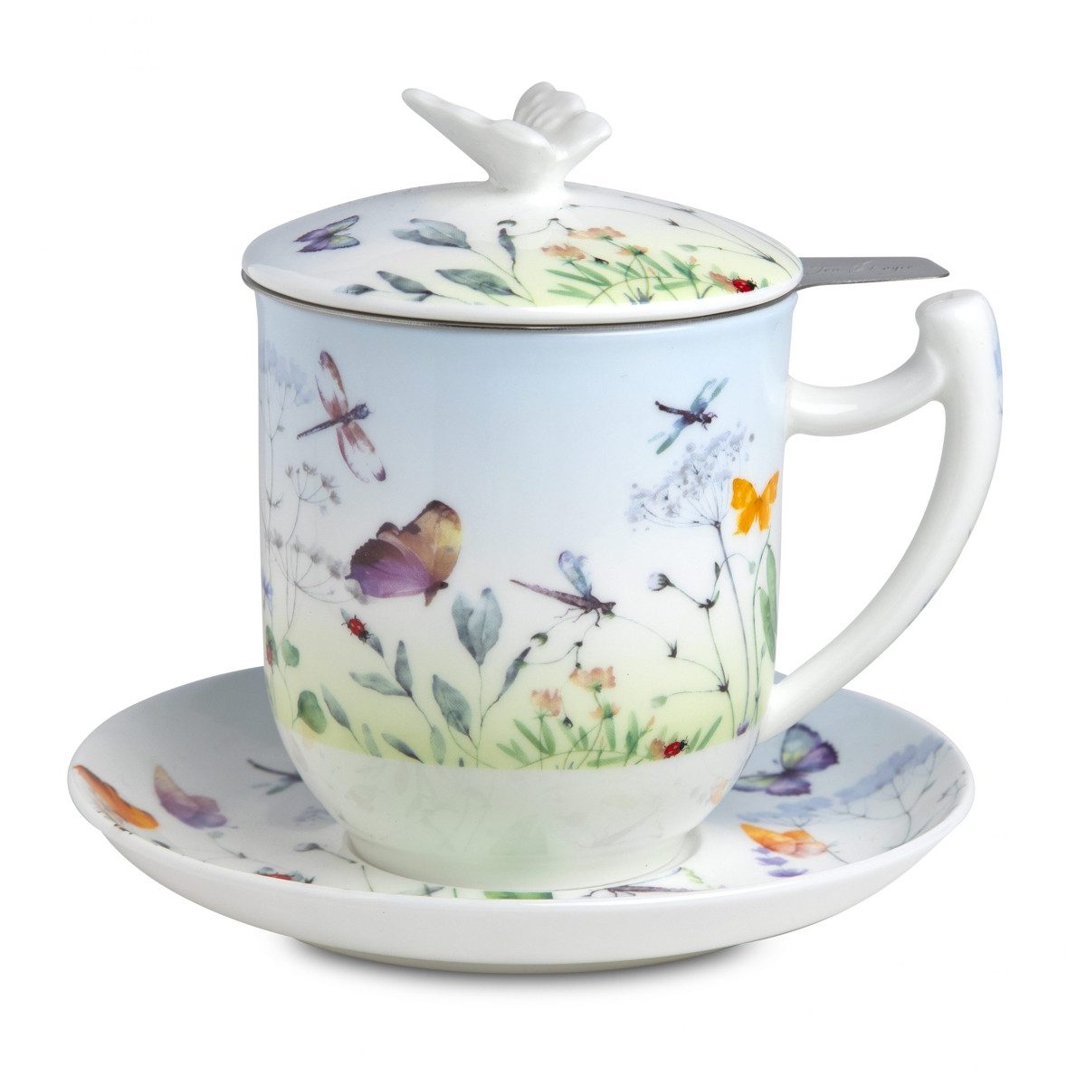 TeaLogic Tasse Papillon Teetasse, Untertasse, Teefilter, Deckel Fine Bone China 0,35L, 1-tlg., 4-tlg.