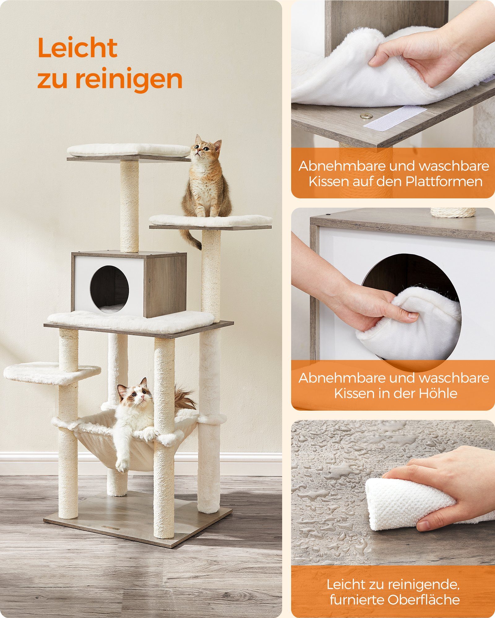 FEANDREA Kratzbaum mehrstöckiger Katzenkratzbaum, modern, weicher Plüsch, 138 cm