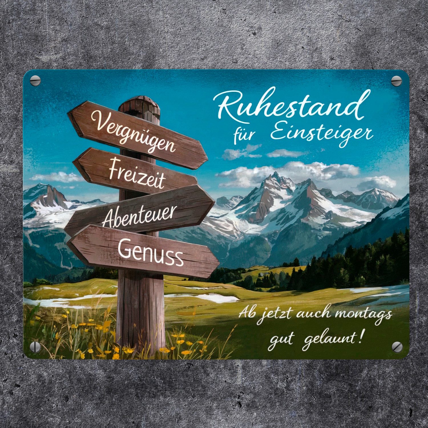 speecheese Metallschild Hölzerner Wegweiser Ruhestand für Einsteiger Metall günstig online kaufen