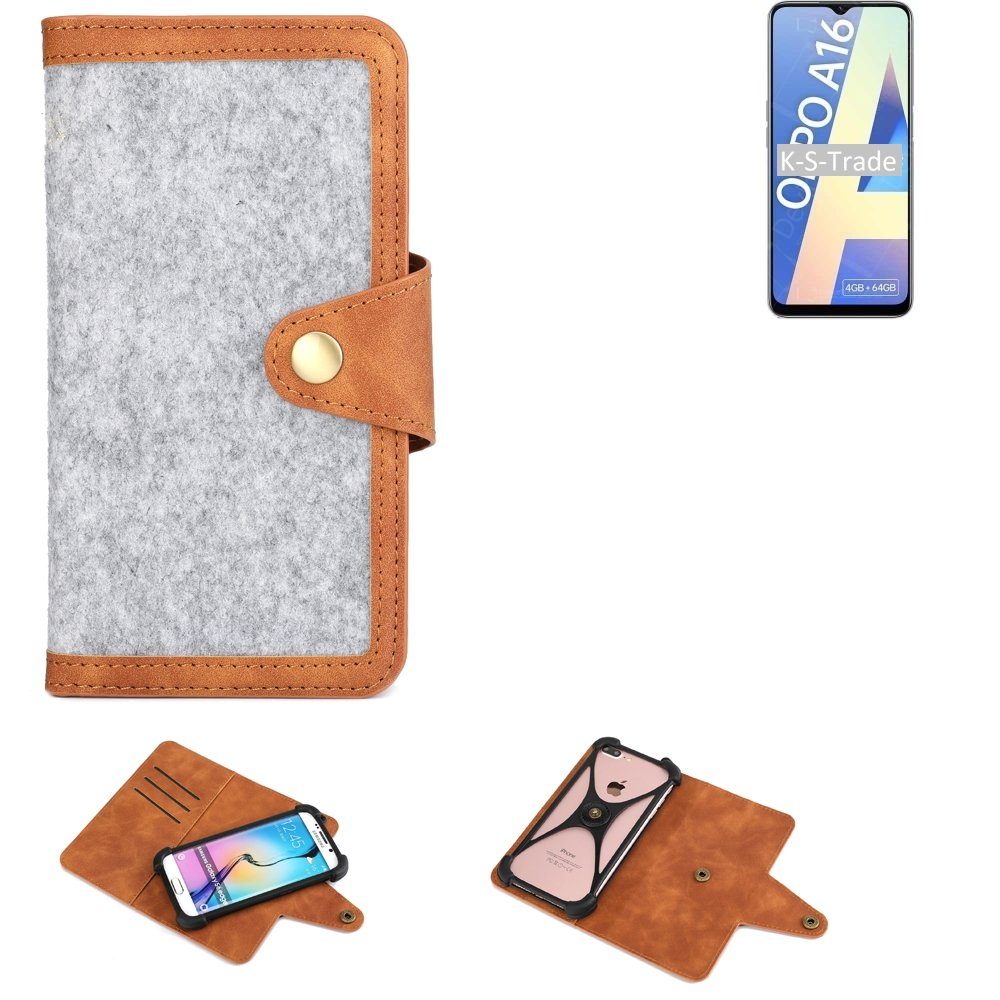 K-S-Trade Handyhülle für Oppo A16, Handyhülle Schutzhülle Filz-Hülle Kunst-Leder hellgrau braun