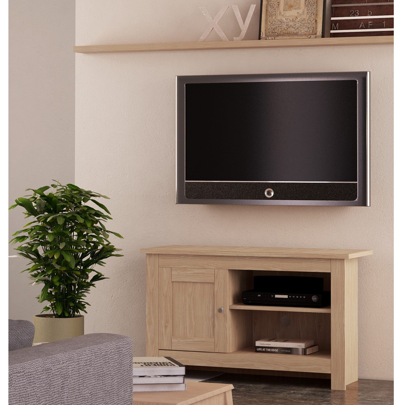 loft24 Lowboard Eddie - TV-Lowboard TV-Board Fernsehschrank TV-Schrank, 1 Tür, 2 offene Fächer, mit Kabelkanal, MDF, Landhausstil