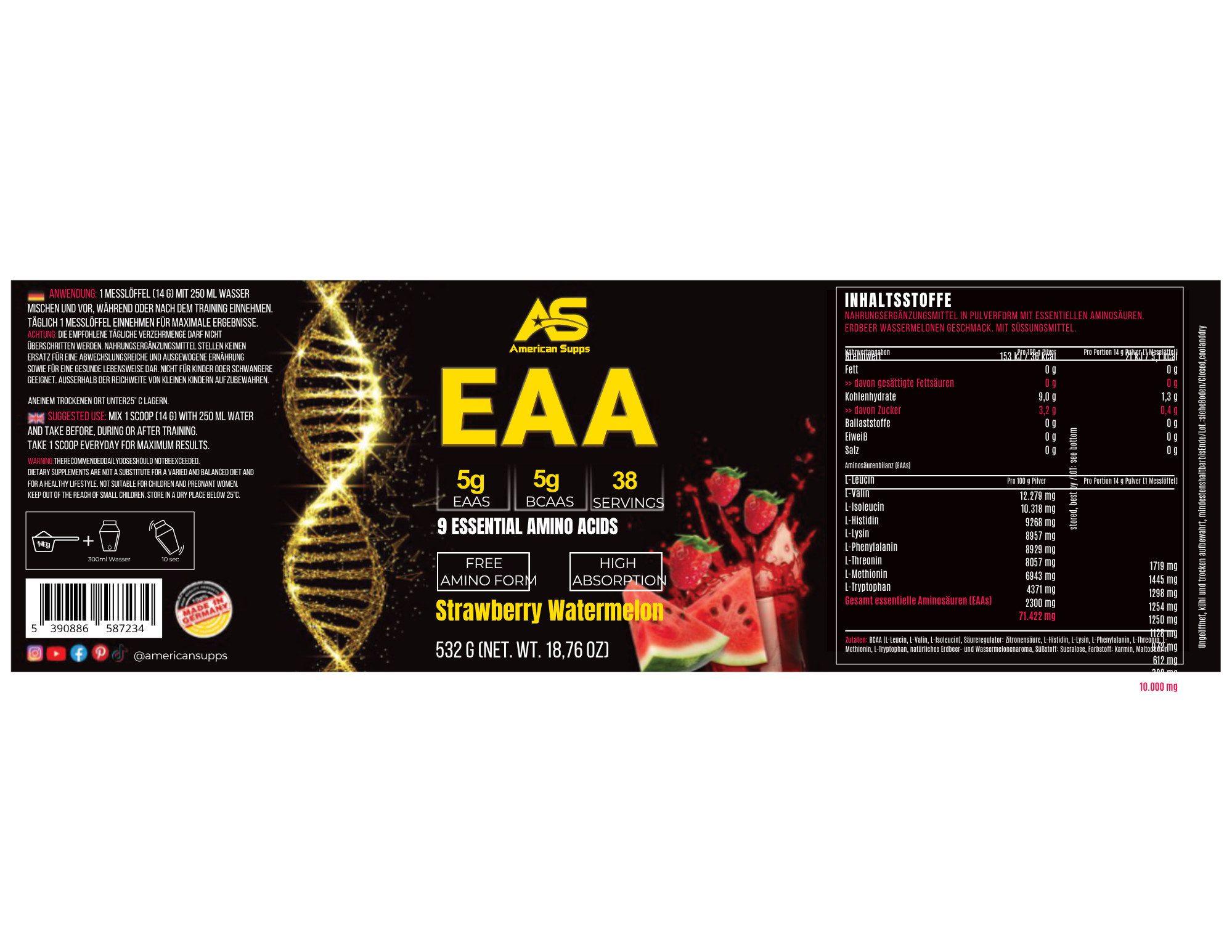 American Supps American Supps EAA Essential Amino Acids Aminosäuren mit BCAA Pulver, 532 g