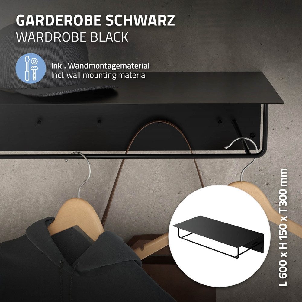 ML-DESIGN Kleiderstange Metall Wandgarderobe mit Hakenleiste, Kleiderstange & Hutablage (1 St), Flurgarderobe für Jacken & Mäntel 60x30x15cm Schwarz Garderobenpaneel