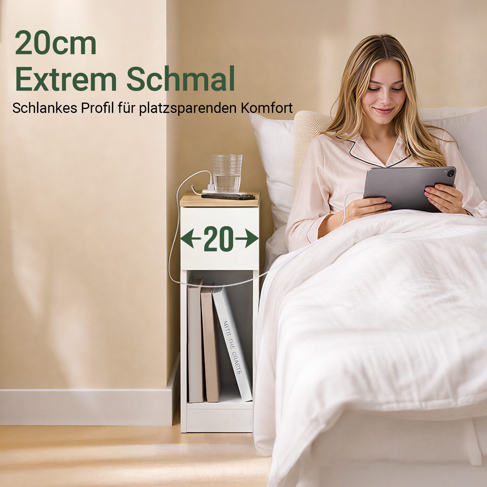 SoBuy Nachttisch FBT111-E, 2er Set, Nachtschrank Nightstand für Schlafzimmer Wohnzimmer, 2-St, Nachttisch schmal, Beistelltisch, Steckdose USB-Anschlüsse Typ-C