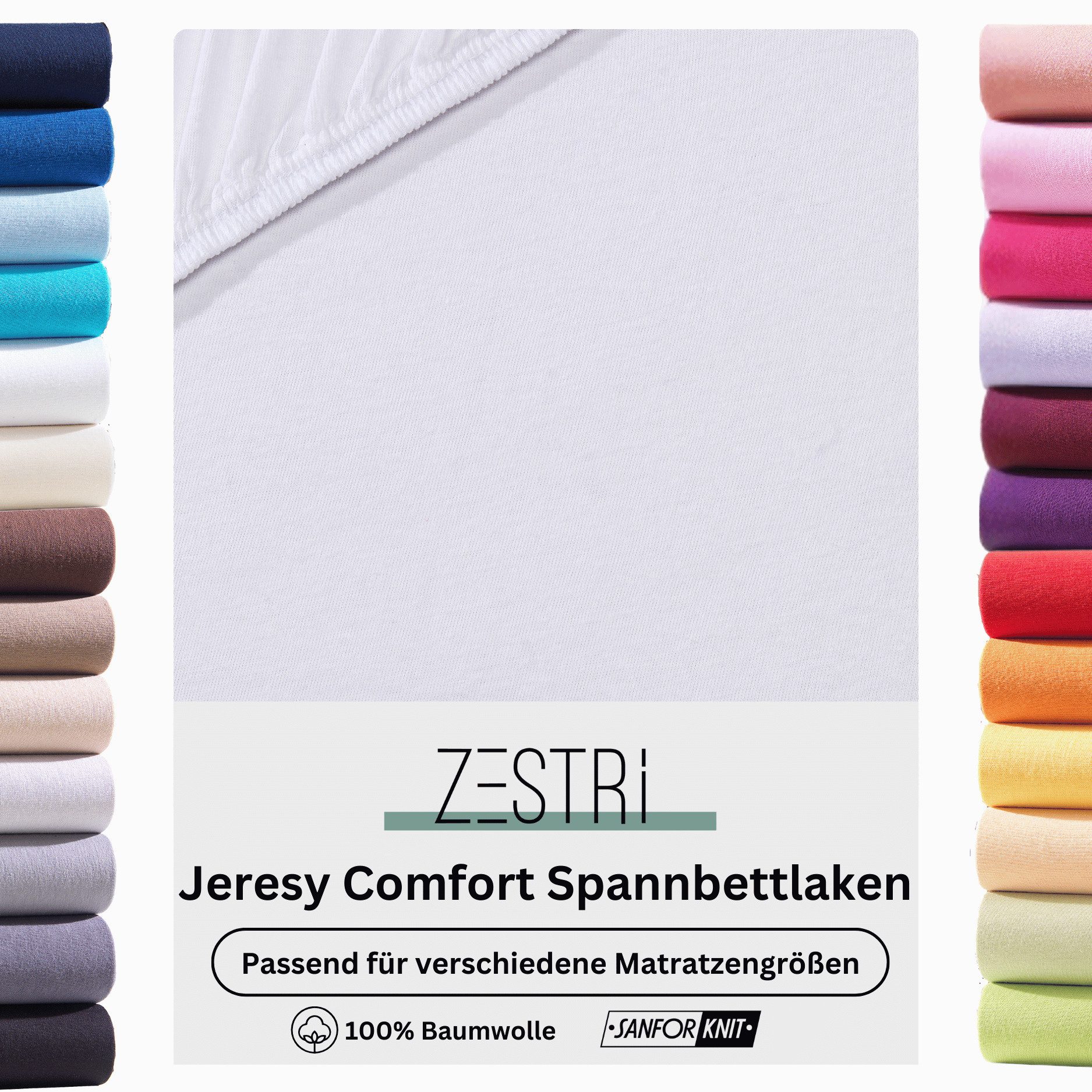 Zestri Натяжные простыни COMFORT Jersey aus 100% Baumwolle, Gummizug: rundum, für Boxspringbett, Wasserbett, Topper, normale Matratzen