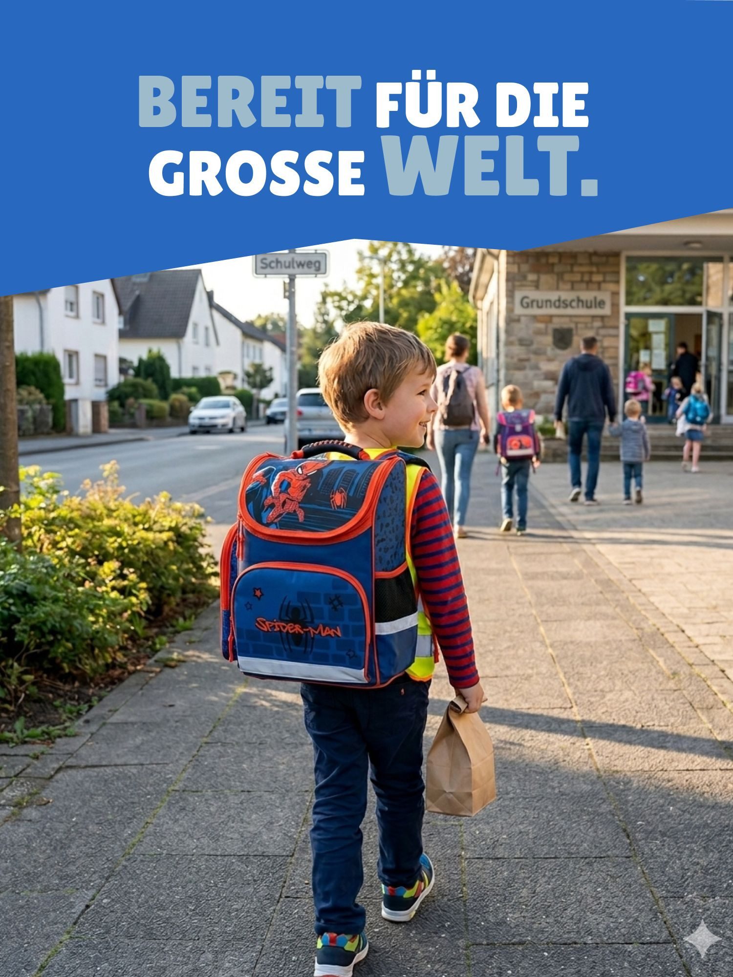 Familando Schulranzen SPIDER-MAN Schultasche ab der 1. Klasse, Blau (Set, 5-tlg., inkl. Federmäppchen, Schlamper, Turn- & Geldbeutel), ergonomisch, 930 Gramm leicht, 15L Volumen