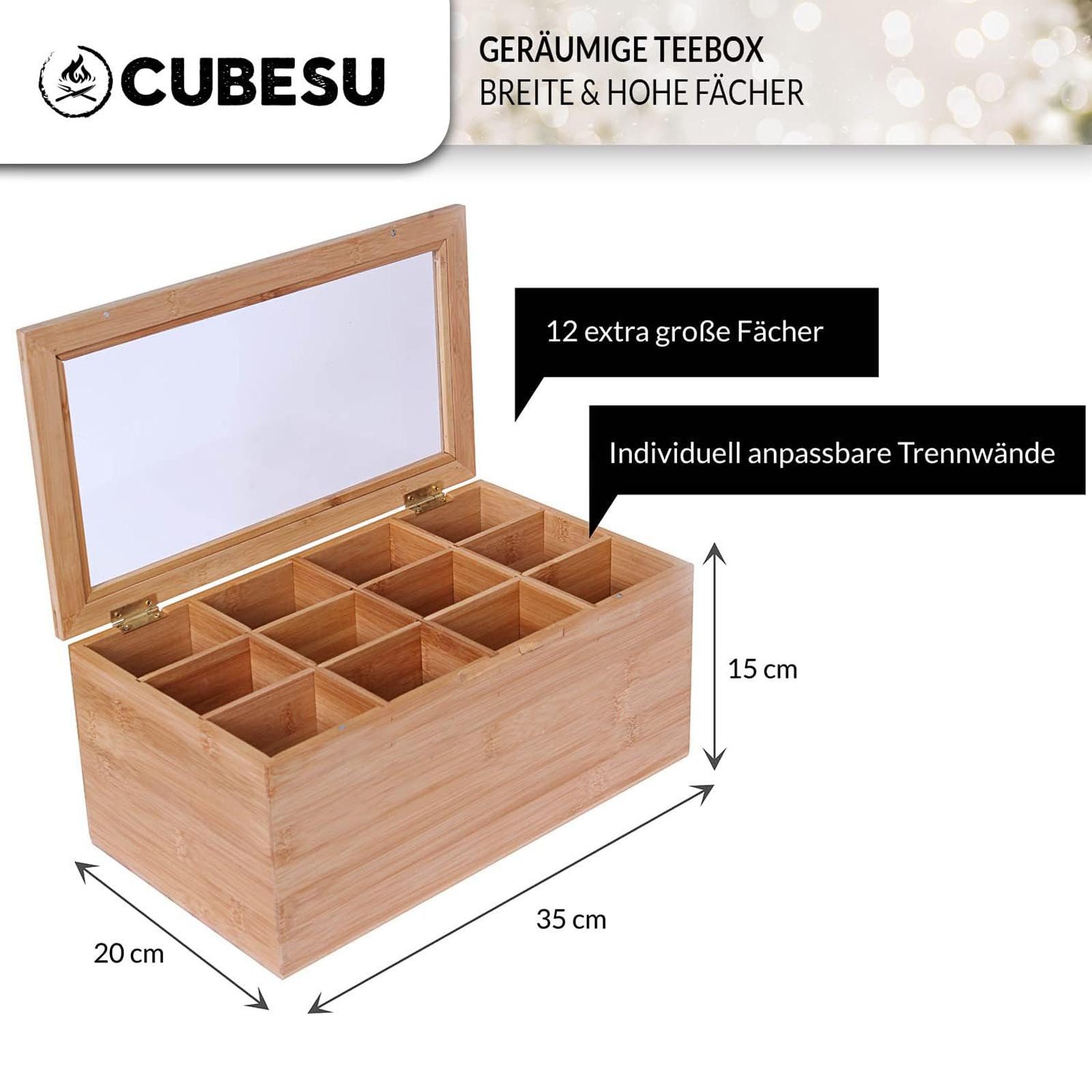 Cubesu Teebox Premium Holz Teebeutelbox Teekiste Teebeutel Box, Bambus, 12 Fächer mit Sichtfenster & Schublade