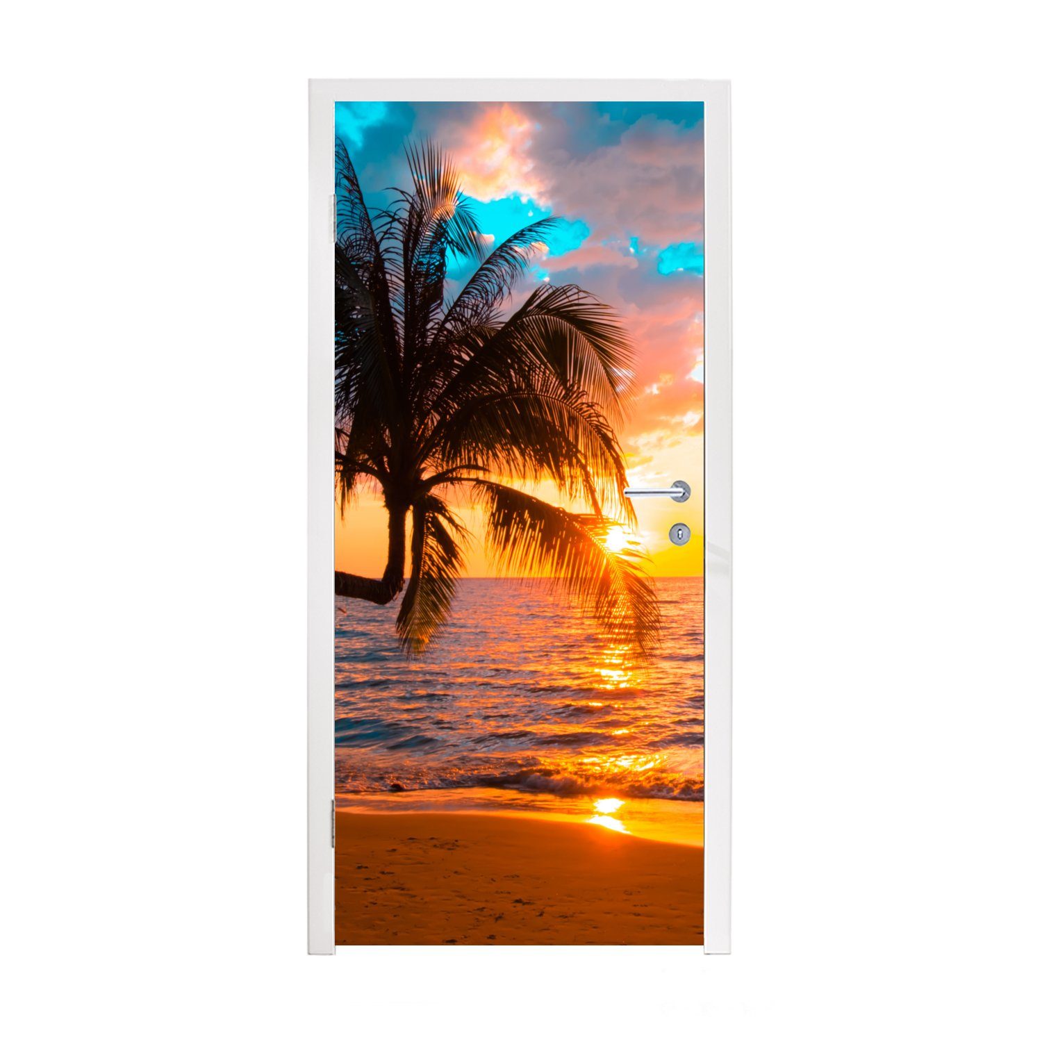 bedruckt, MuchoWow Tür, 75x205 Palme - - (1 Meer - - Sonnenuntergang Strand Matt, - für Tropisch, Türaufkleber, Türtapete cm St), Fototapete Horizont