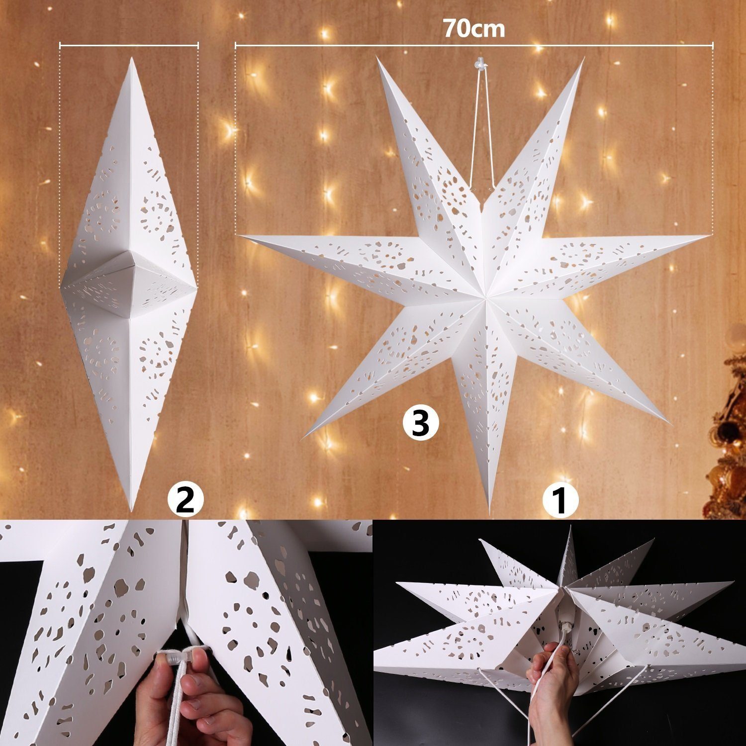 70CM Stern Stern Warmweißes LED integriert, Fensterbilder, LED hohlgeschnitzt, Weihnachtsstern Elegear LED Warmweiß, fest hängender Papierstern, LED Dekolicht