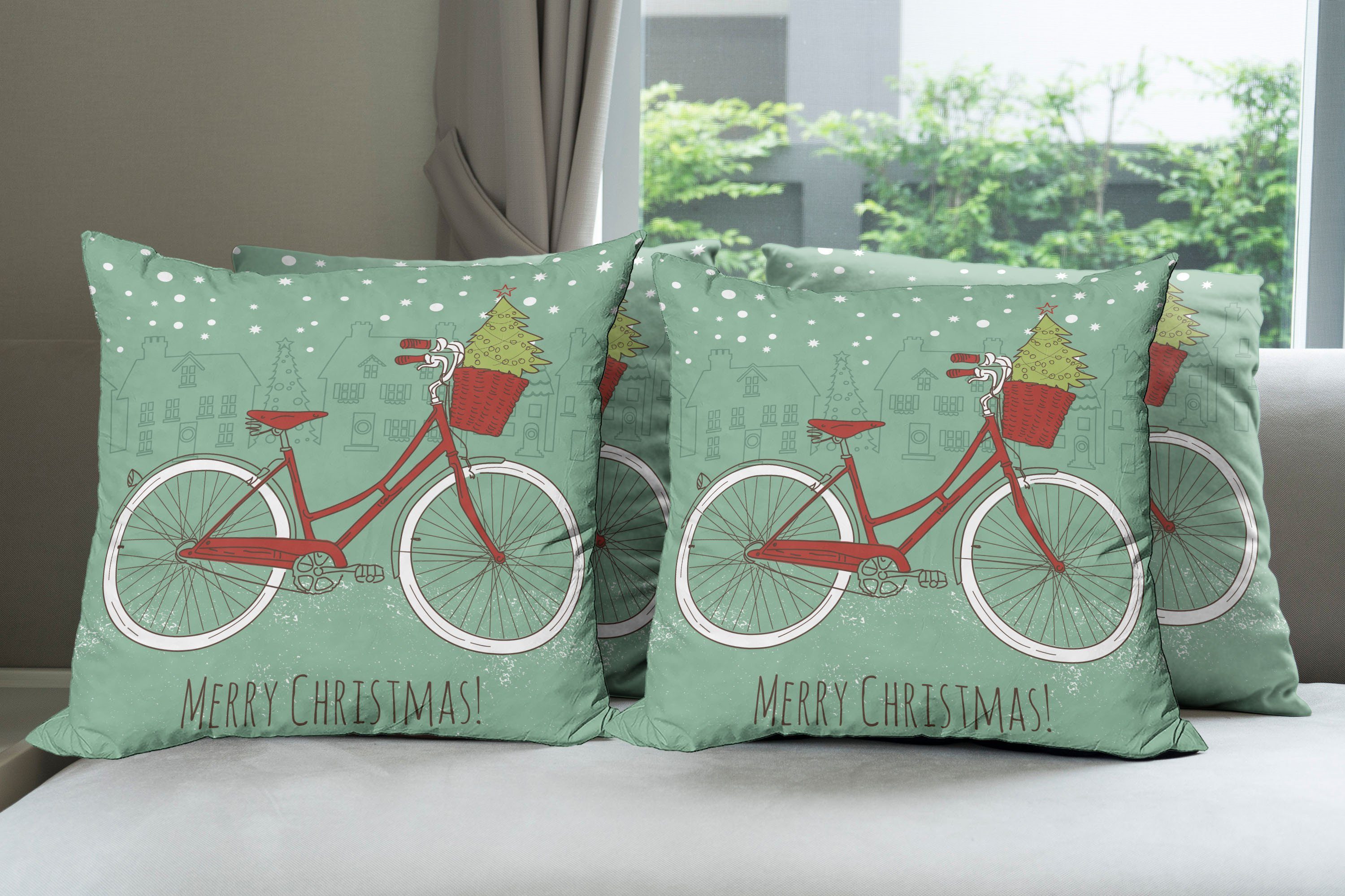 Digitaldruck, Modern (4 Stück), Abakuhaus Kissenbezüge Doppelseitiger Weihnachten Retro-Fahrrad-Weihnachtsbaum Accent