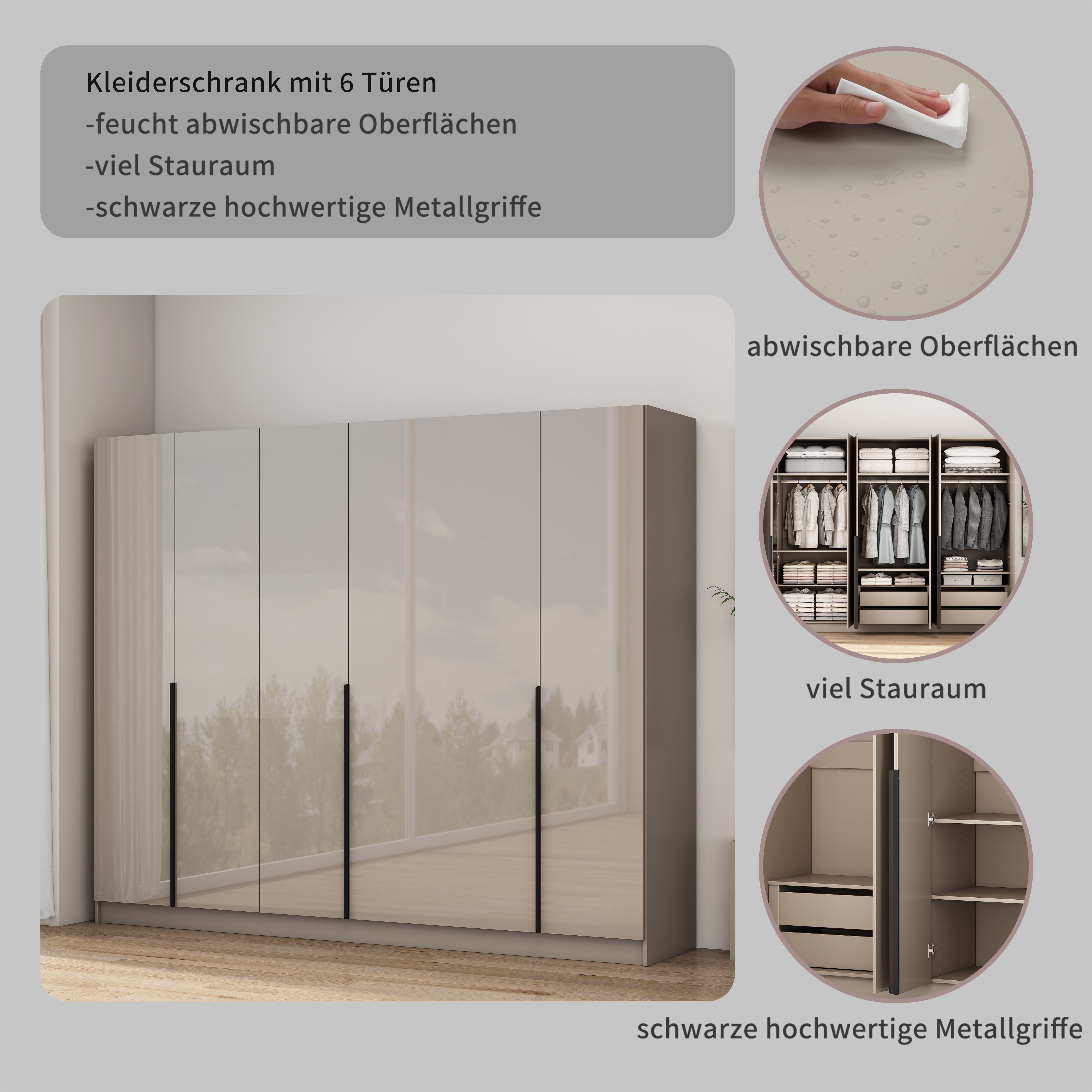OTTO home Kleiderschrank Annor Schlafzimmerschrank Breite 242cm hochglanz Schrank Garderobe (mit 2 großen Innenspiegeln an den Türinnenseiten) Drehtürenschrank  – Bild 4 von 5
