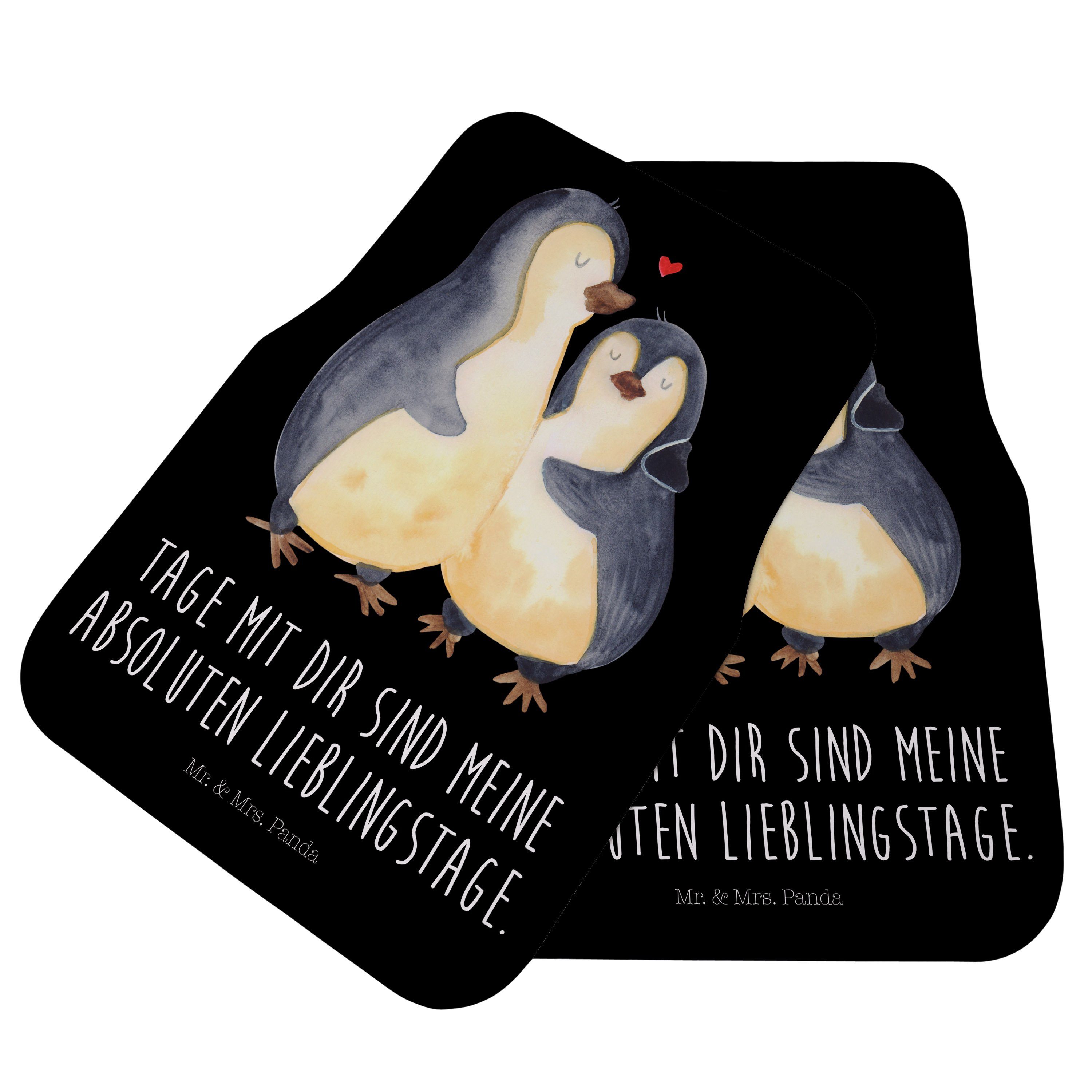 Mr. & Mrs. Panda Fußmatte Pinguin umarmen, Automatte, Schwarz, Fußmatte Auto, Fürs, Verlobung, rechteckig, Höhe: 63 mm, Schutzmatte Auto Paar Motiv Autofußmatte