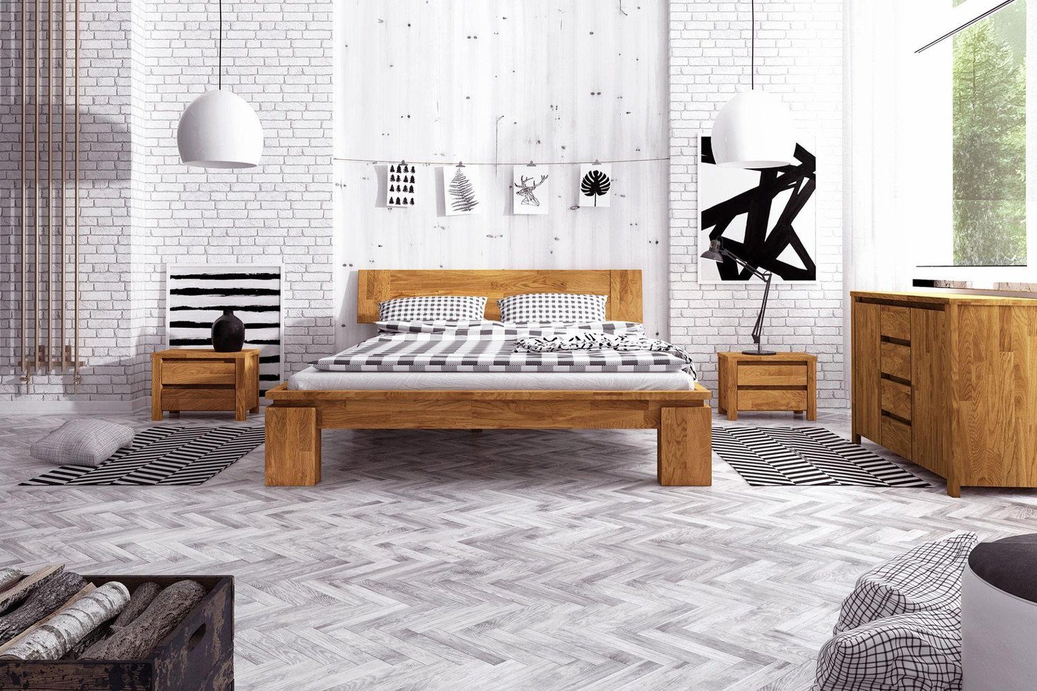 Natur24 Bett »Bett Tinci 2 in Sonderlänge 180x210 cm aus Wildeiche massiv  mit Holzkopfteil«