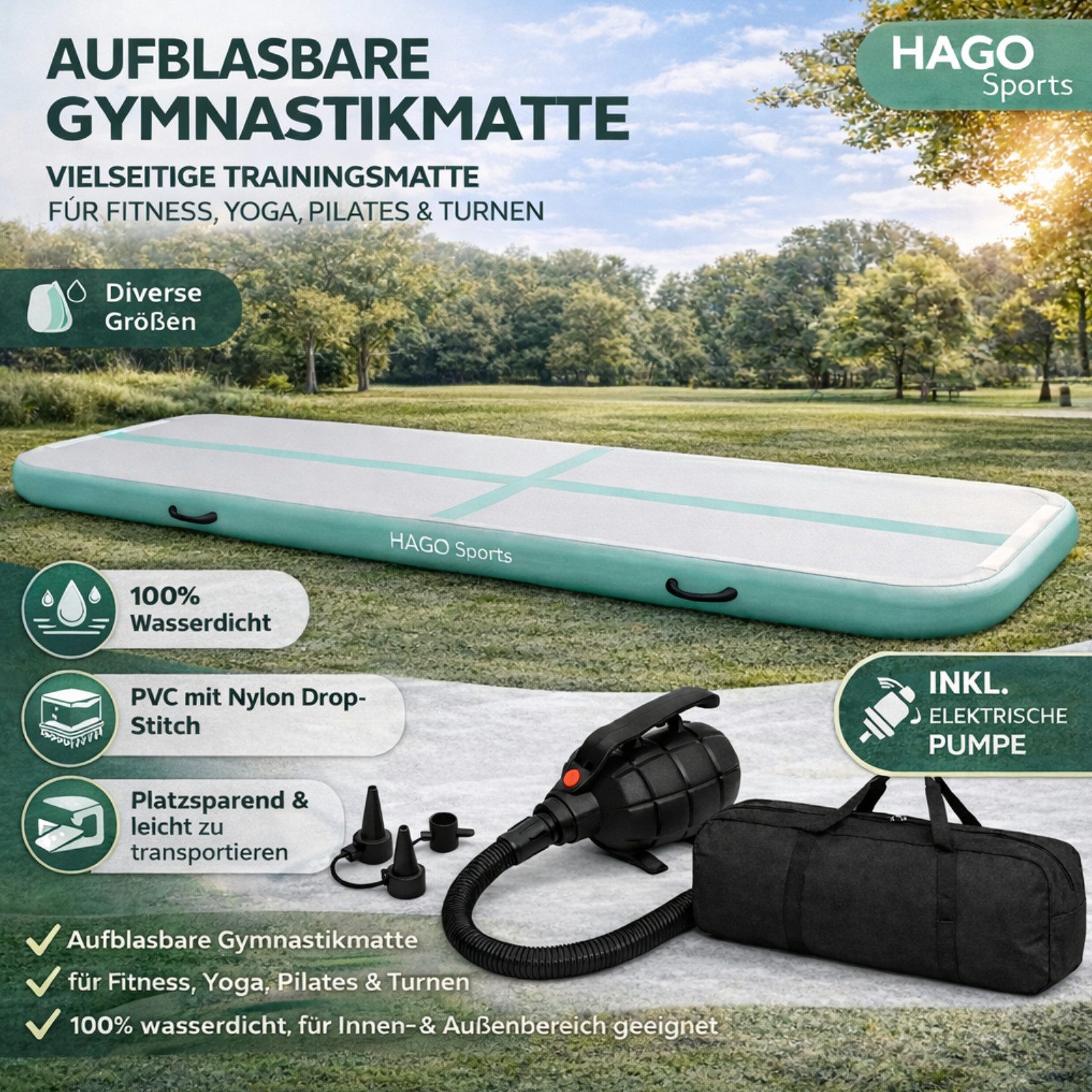 HAGO Sportmatte AirTrack Turnmatte Tumbling Gymnastikmatte Tumblingmatte aufblasbar (1-St), Rutschfest, aufblasbar, Tragegriffe