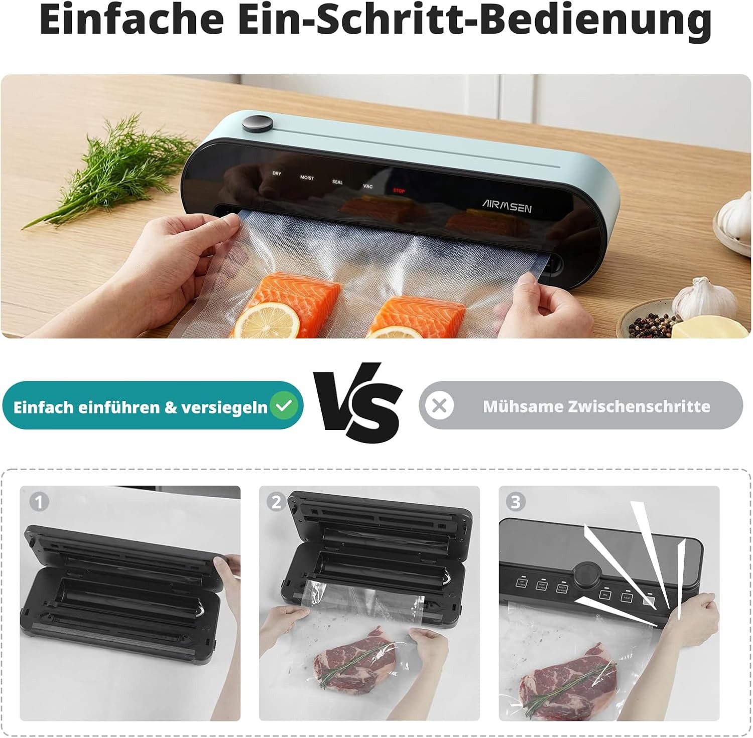 Airmsen Vakuumierer 5-in-1-Vakuumiergerät Vollautomatische Vakuumierung und Versiegelung, 120W, vacuumiergeraet mit Cutter & Schlauchaufbewahrung für lebensmittel