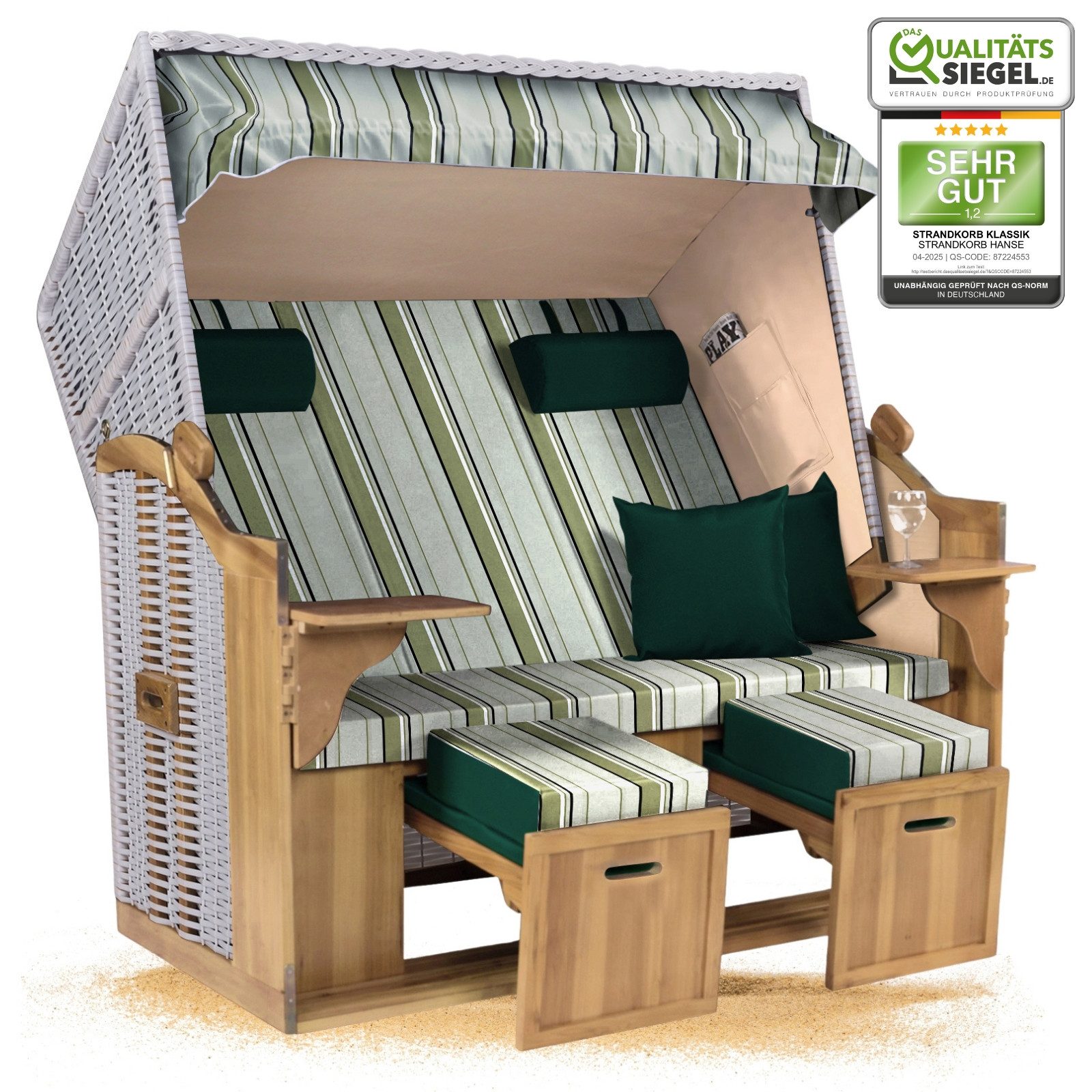 Strandkorb Hanse Strandkorb Strandkorb Ostsee XXL 2,5-Sitzer Volllieger Beige Grün, BxTxH: 150x80x160 cm, Ostsee XXL Volllieger, Ostsee 2,5-Sitzer Modell 2025, Stabiles Wacholder mit handgefertigtem Polyrattangeflecht