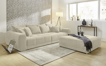 luma-home Big-Sofa 15173, XXL-Couch 306x134 cm mit Federkernpolsterung, viele Kissen, markante Steppungen, Cordstoff Beige Grau