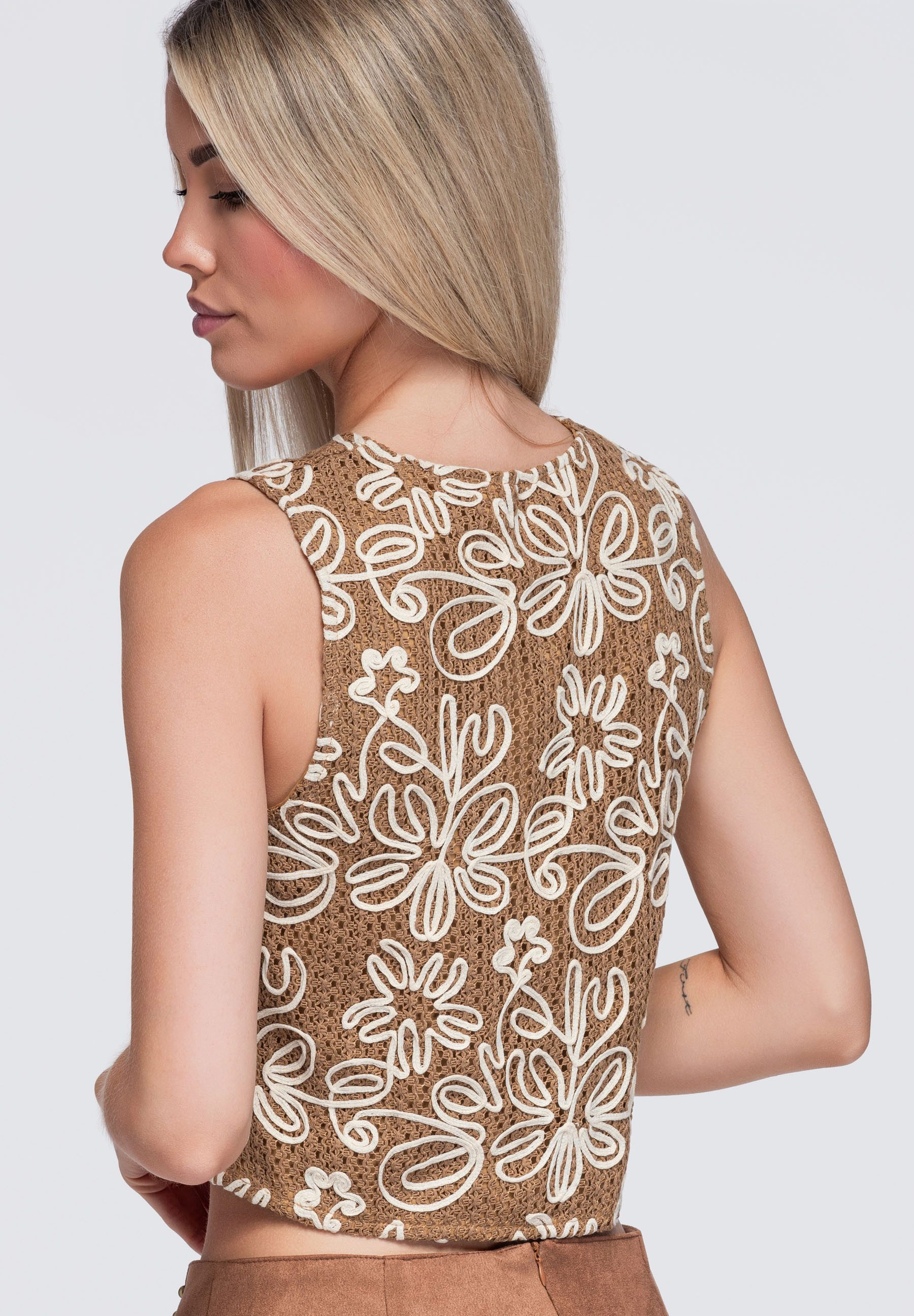OMBRE Strickweste Damen Strickweste mit V-Ausschnitt und Bindeband Camel S (kein Set, 1-tlg) kurze Weste