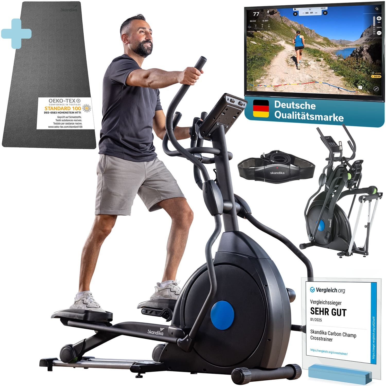 Skandika Crosstrainer CardioCross Carbon Champ mit Matte, Ellipsentrainer für Zuhause (bis 150 kg, 19 Trainingsprogramme, Niveauregulierung,Transportrollen), mit 24,5 kg Schwungmasse, Magnetbremssystem, Kinomap/App Kompatibel