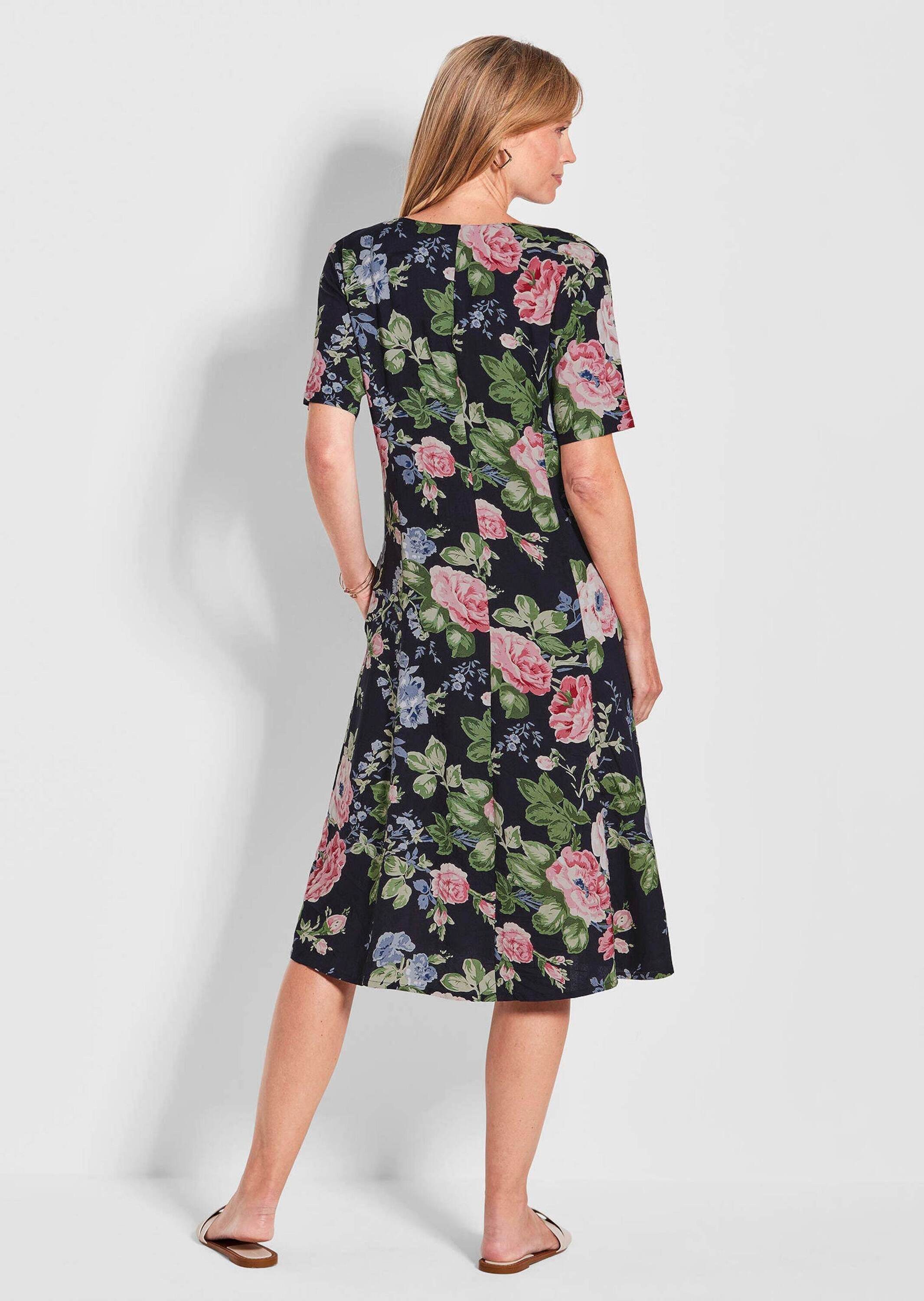 GOLDNER Sommerkleid Viskosekleid mit floralem Muster Blumenkleid mit V-Ausschnitt, Knopfleiste, Knielänge und Halbarm
