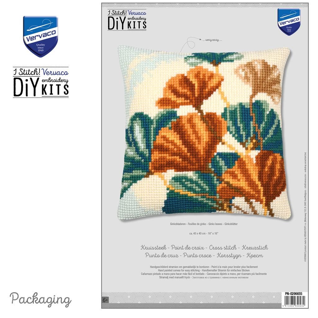 Vervaco Kreativset Kreuzstich-Kissen-Set Ginkoblätter - Stickbild vorgezeichnet, (Set, Vervaco embroidery Kit), Made in Europe