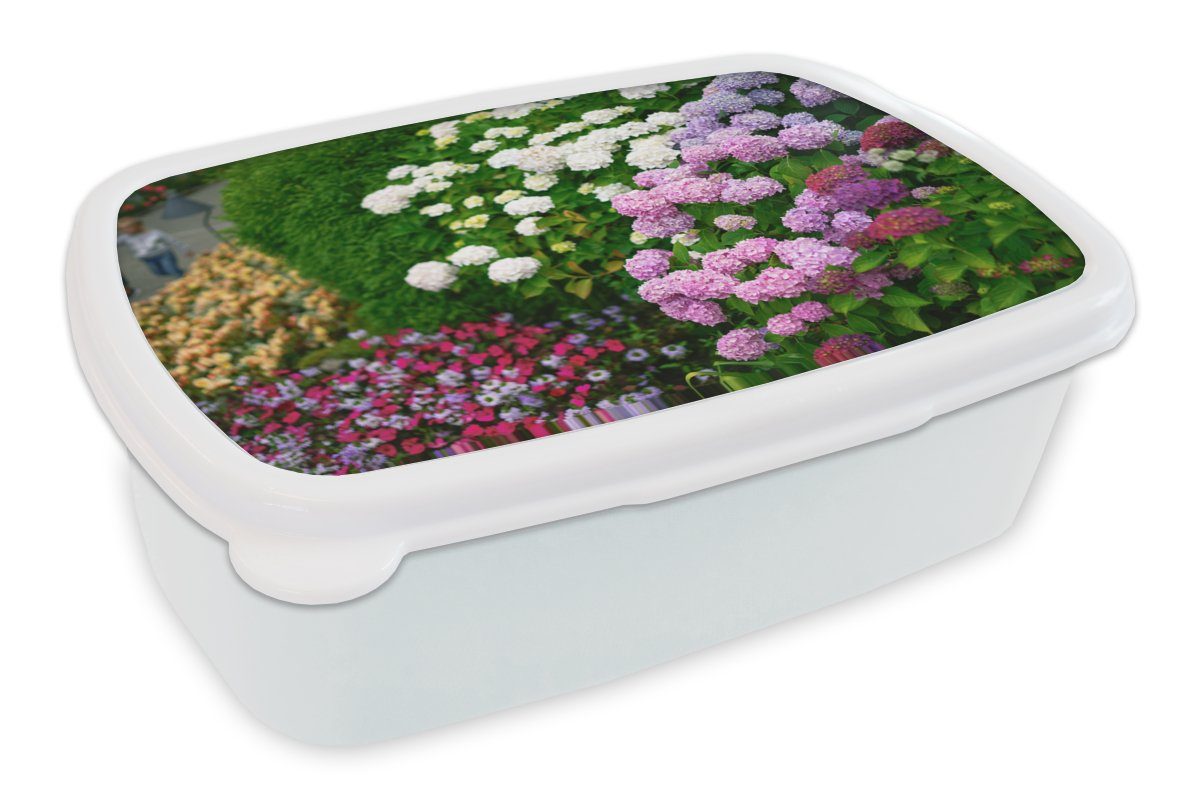 MuchoWow Lunchbox Lebendige Hortensienblüten, Kunststoff, (2-tlg), Brotbox für Kinder und Erwachsene, Brotdose, für Jungs und Mädchen weiß