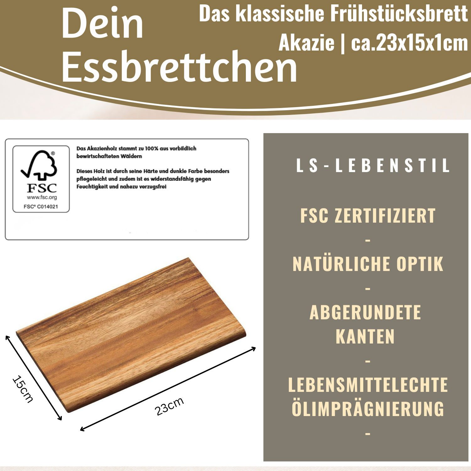 LS-LebenStil Frühstücksbrett Holz Essbrettchen 23x15cm Akazie Frühstücksbrettchen Küchenbrett, Holz, (Essbrett Vesperbrett Schneidbrett Schneidebrett Servierbre – Bild 2 von 5