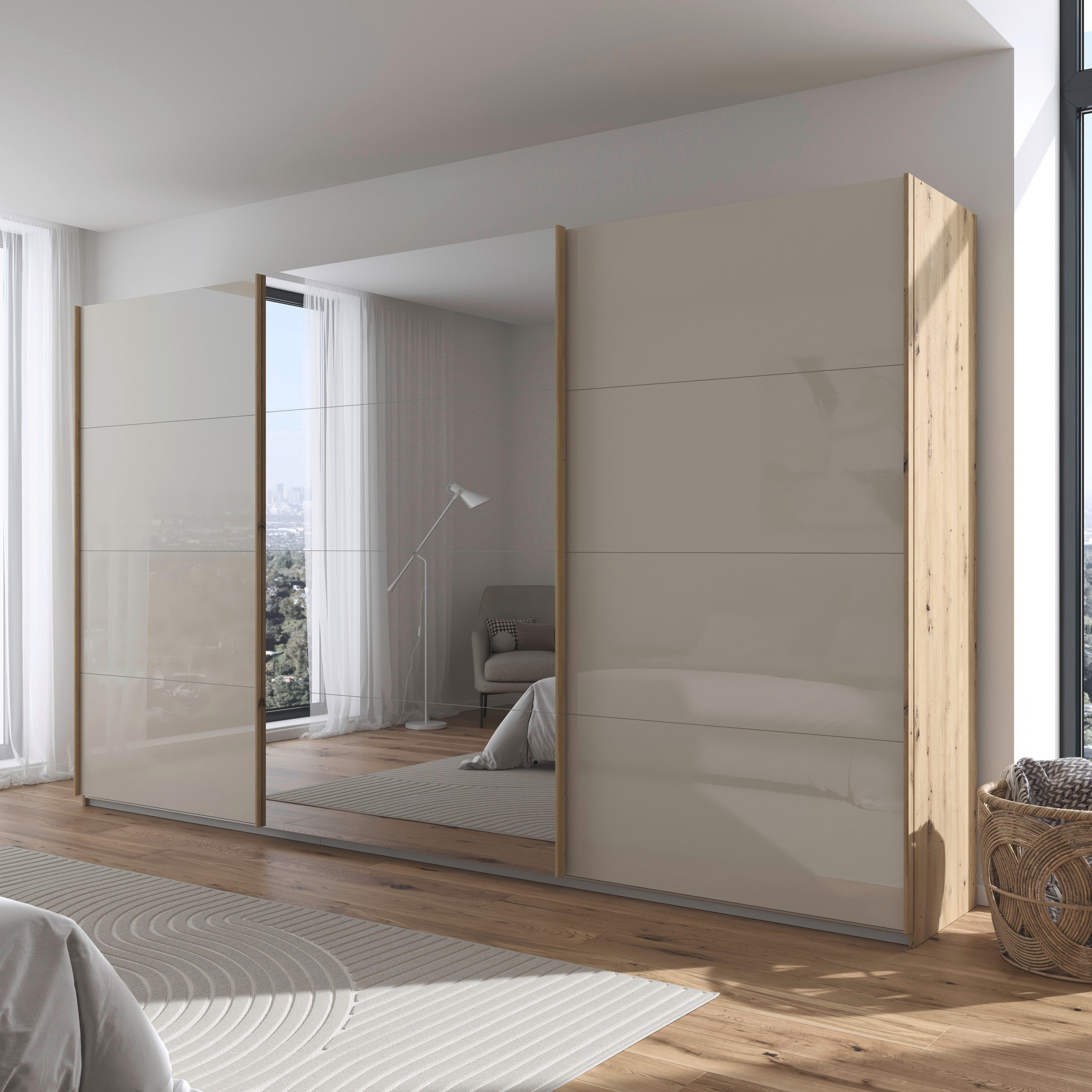 OTTO home Schwebetürenschrank Kleiderschrank Kleiderschränke Schrank Garderobe AGORDO mit Glasfront (Breiten 203/271/315/360 cm, Höhen 210/229 cm) durchdachte Innenausstattung, in 4 Breiten und 2 Höhen MADE IN GERMANY