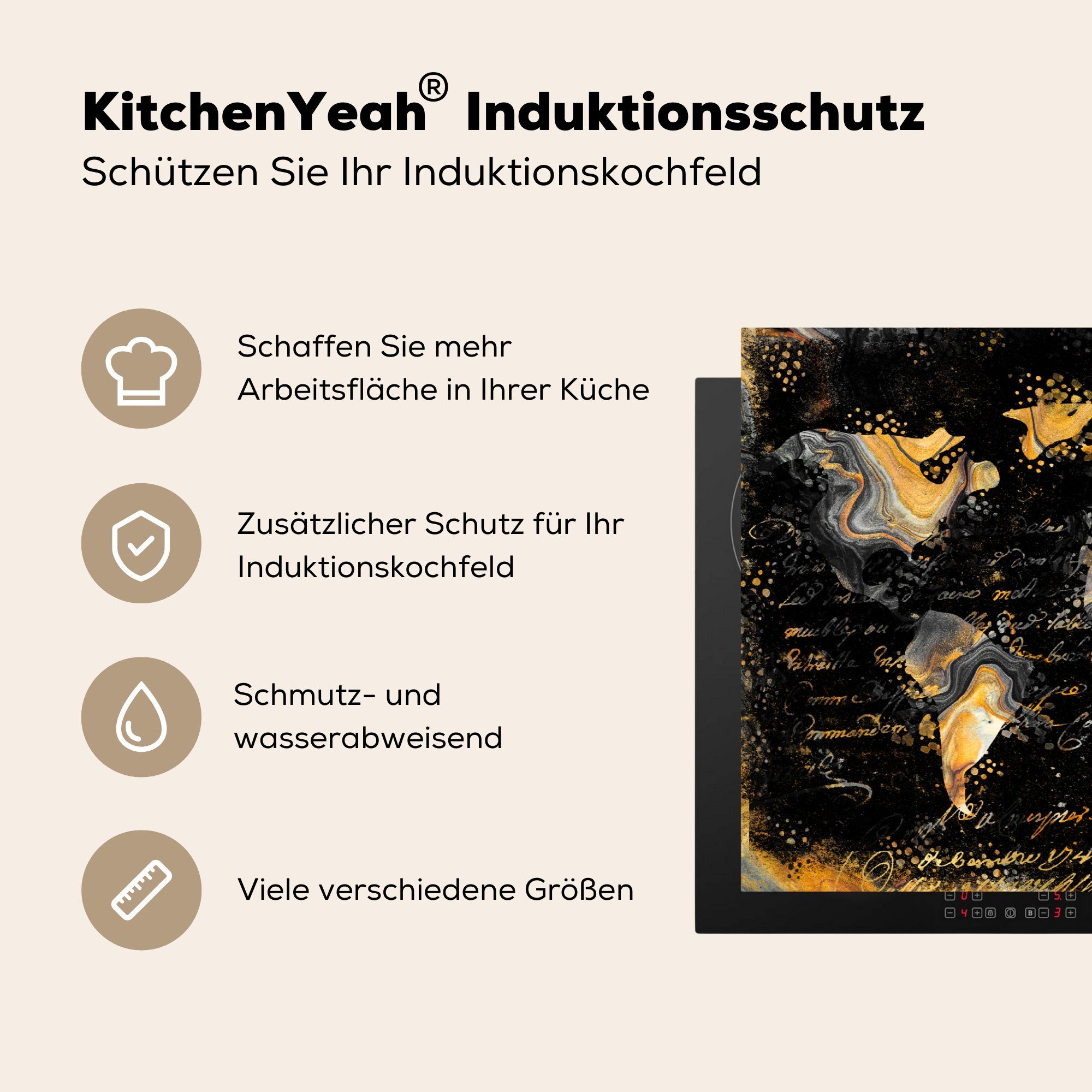 81x52 Weltkarte die Ceranfeldabdeckung (1 Marmor küche, Herdblende-/Abdeckplatte - Schutz tlg), für MuchoWow Vinyl, Gold, - Induktionskochfeld cm,