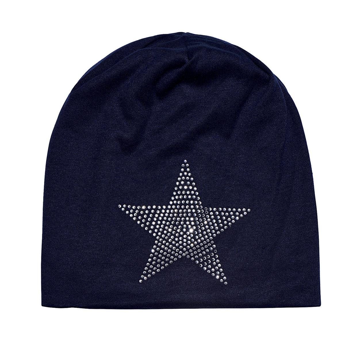 (Packung, 1-St) mit Slouch oder Strass DonDon Beanie Print mit Damen Teddyfleece Strass- Sternenprint, Stern mit Beanie Pailletten-, Wintermütze, dunkelblau