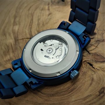 Holzwerk Automatikuhr COBURG Herren Edelstahl & Holz Armband Uhr, blau, schwarz, beige
