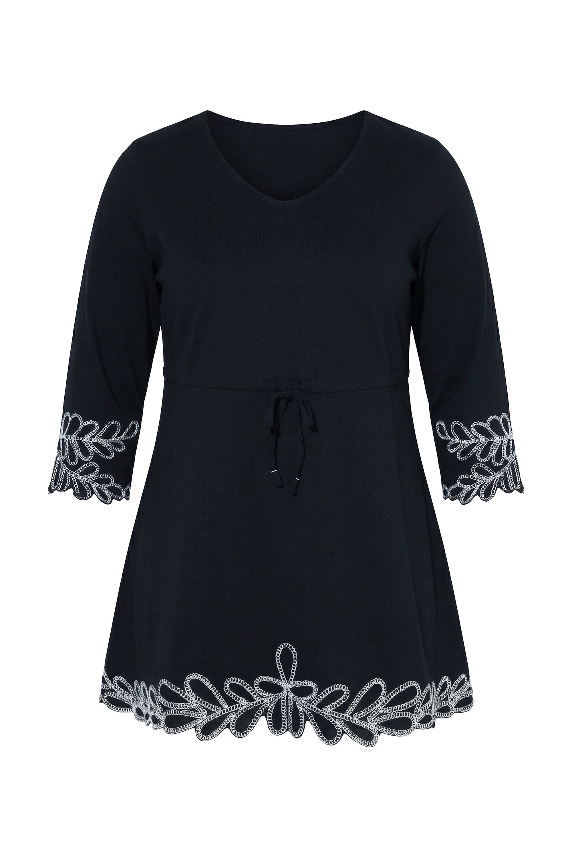 Longshirt Longshirt Stickerei A-Linie V-Ausschnitt 3/4-Arm