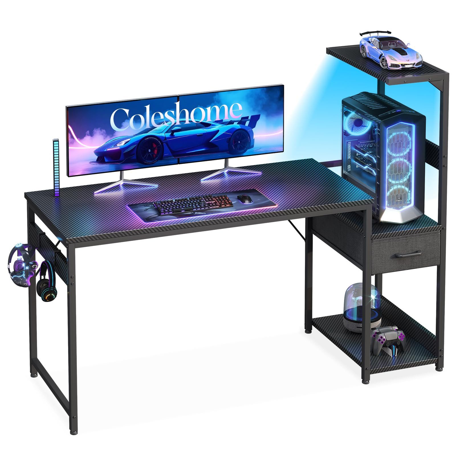 ODK Gamingtisch mit LED-Beleuchtung, Regal & Schublade in Carbon-Optik (1-St), 138 cm Computertisch & Schreibtisch