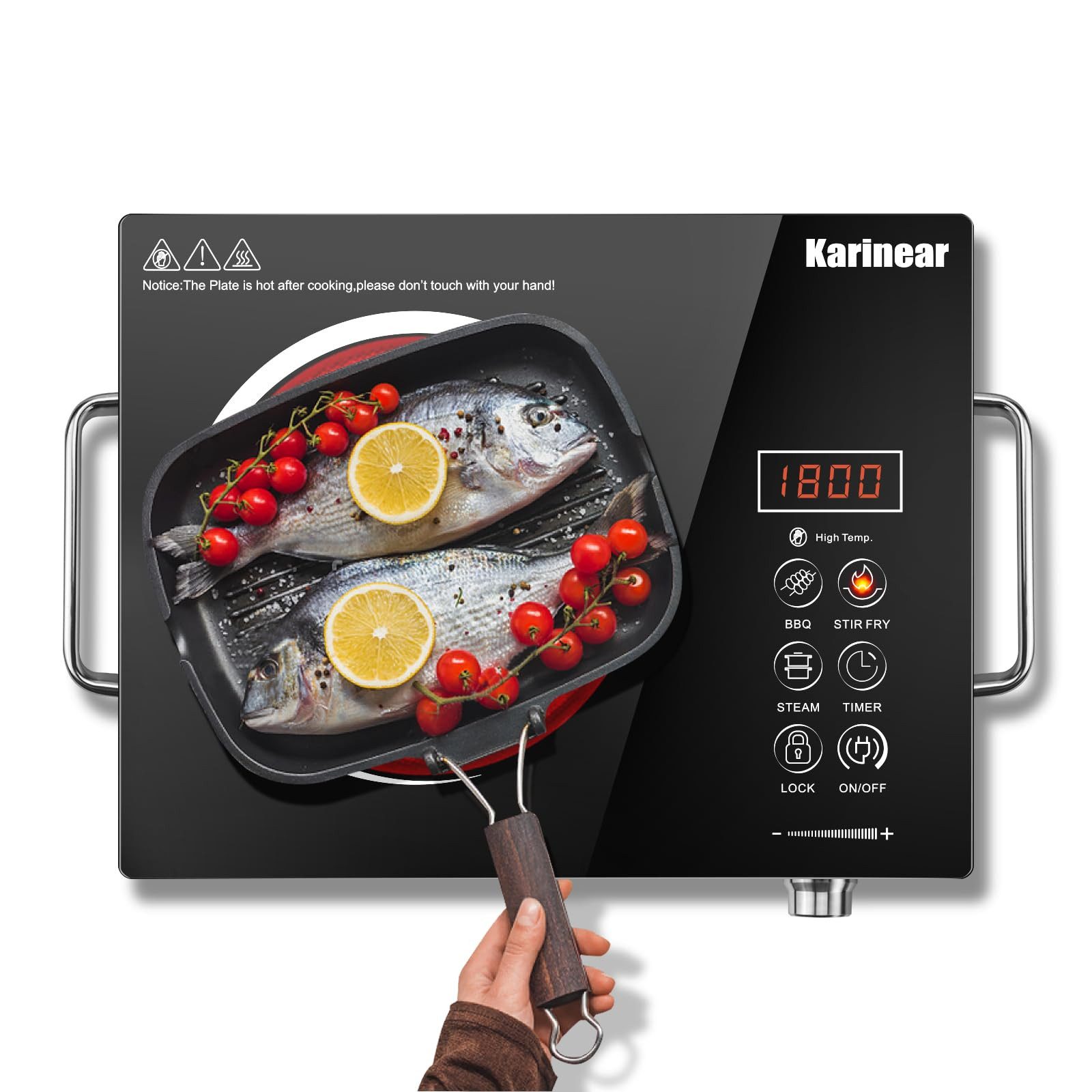 Karinear Induktions-Kochfeld Keramik Kochfeld 1 Platte Tragbar mit Griff, 650 °C Max, 2000W