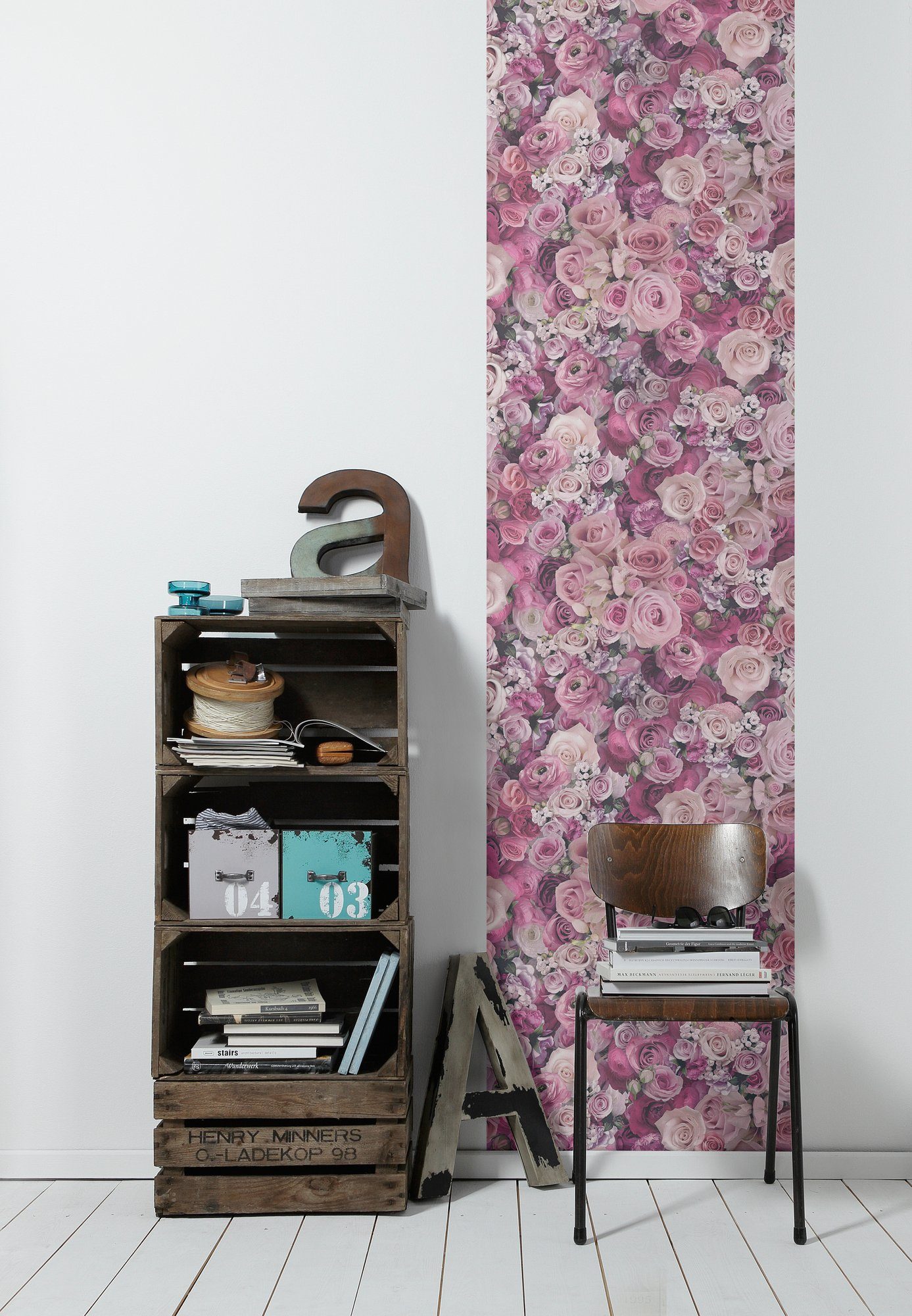 x Tapete 0,52 Selbstklebend living Floral Wweiß 3D, Panel Vinyltapete glatt, floral, m Rosa Pop walls Up Rosen 2,50 m Panel