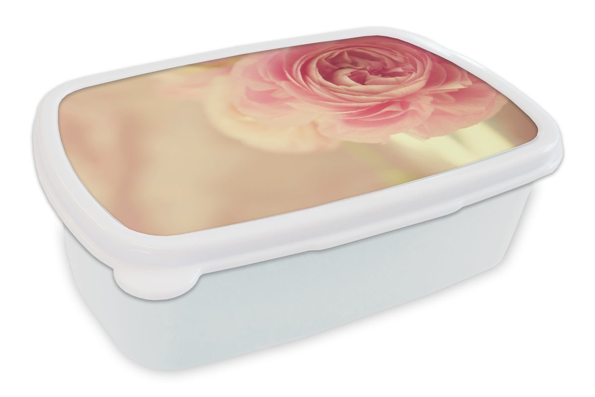 MuchoWow Lunchbox Eine zarte, rosafarbene Butterblume, Kunststoff, (2-tlg), Brotbox für Kinder und Erwachsene, Brotdose, für Jungs und Mädchen weiß