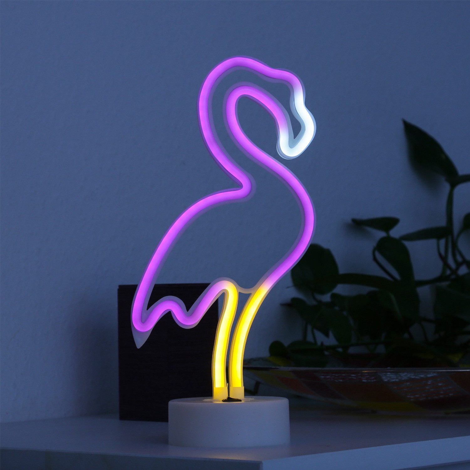 SATISFIRE LED Dekolicht LED NEON Figur FLAMINGO Neonlicht Schild Leuchtfigur Batterie 30cm, LED Classic, pink