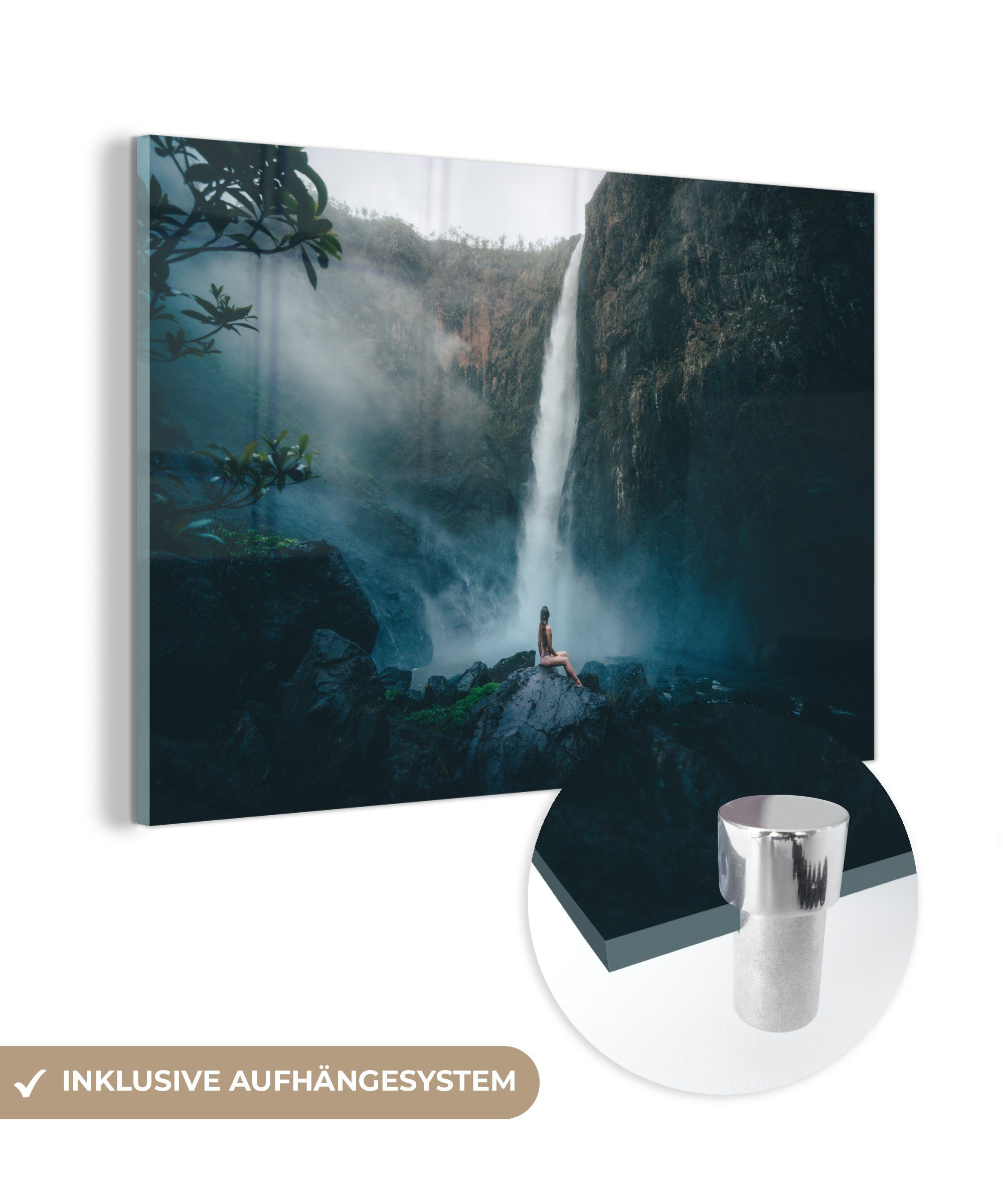 MuchoWow Acrylglasbild Wasserfall - Tropisch - Frau, (1 St), Acrylglasbilder Wohnzimmer & Schlafzimmer
