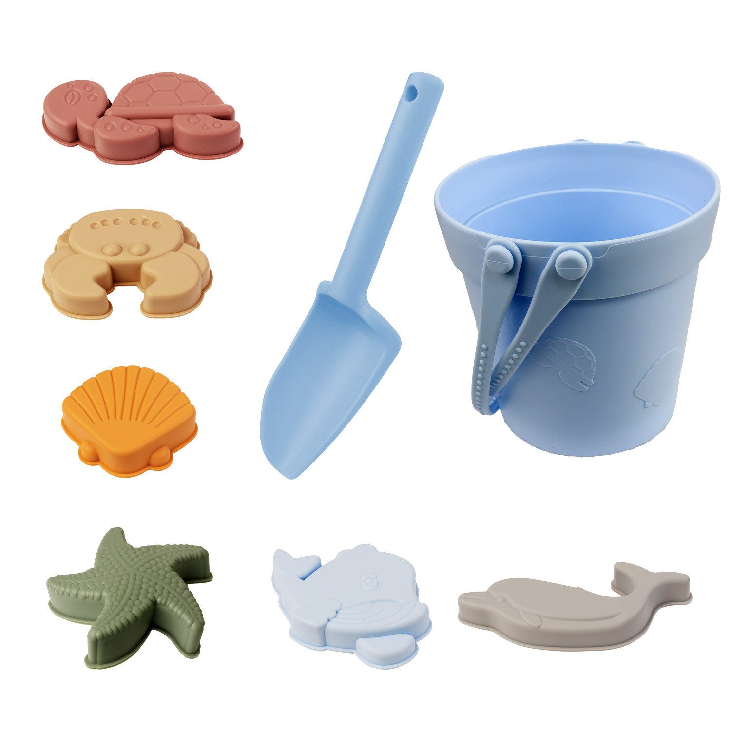 FOUORTUNATE-BEE Sandform-Set 8-tlg. Sandspielzeug-Set aus Silikon für Kinder mit Eimer und Schaufel, (8-tlg), Strandspielzeug für Kinder–Sandkasten-Spielset mit Eimer und Schaufel