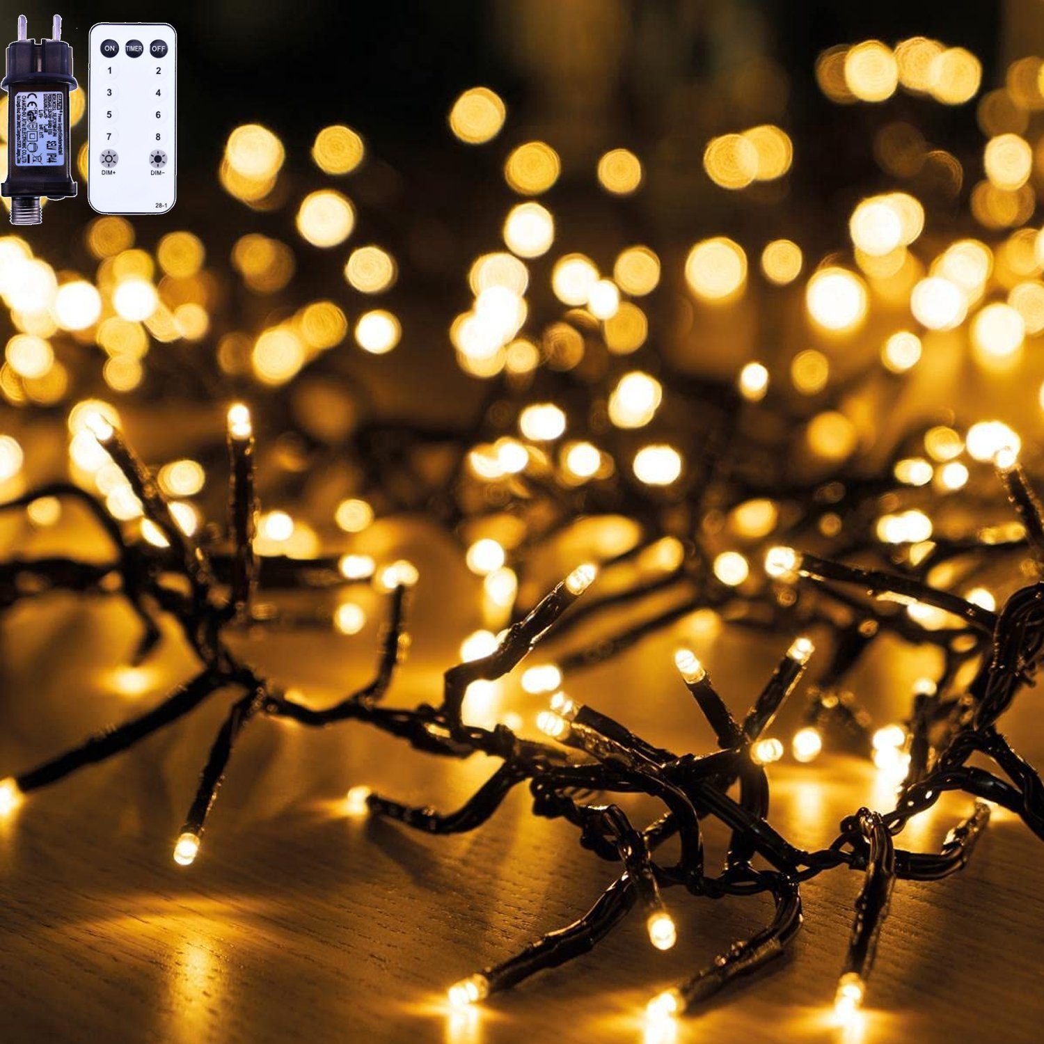 XIIW LED-Lichterschlauch 20m 1000 LED Lichterkette außen Weihnachten  Warmweiß Cluster Büschel, 1000-flammig,  31V&Fernbedienung&Stecker&Timer&Speicherfunktion