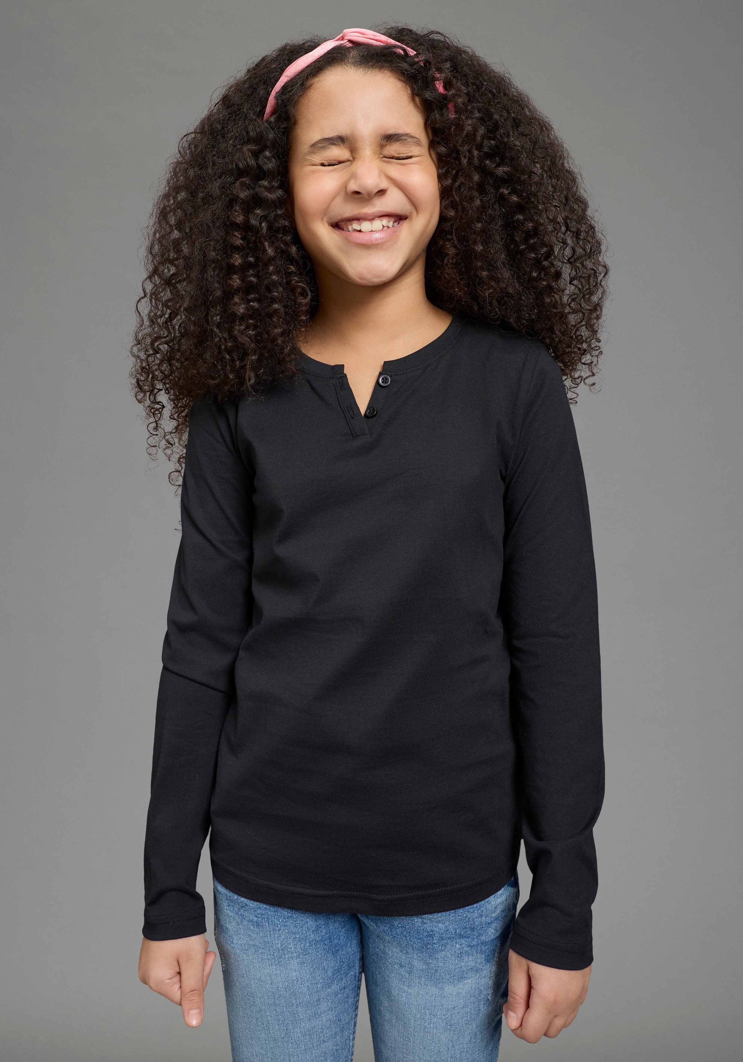H.I.S Langarmshirt 2er Pack Shirts 1x uni + 1x geringelt, für Mädchen (Packung, 2-tlg., 2) für Mädchen, Langarm, mit Rundhalsausschnitt und Knopfleiste