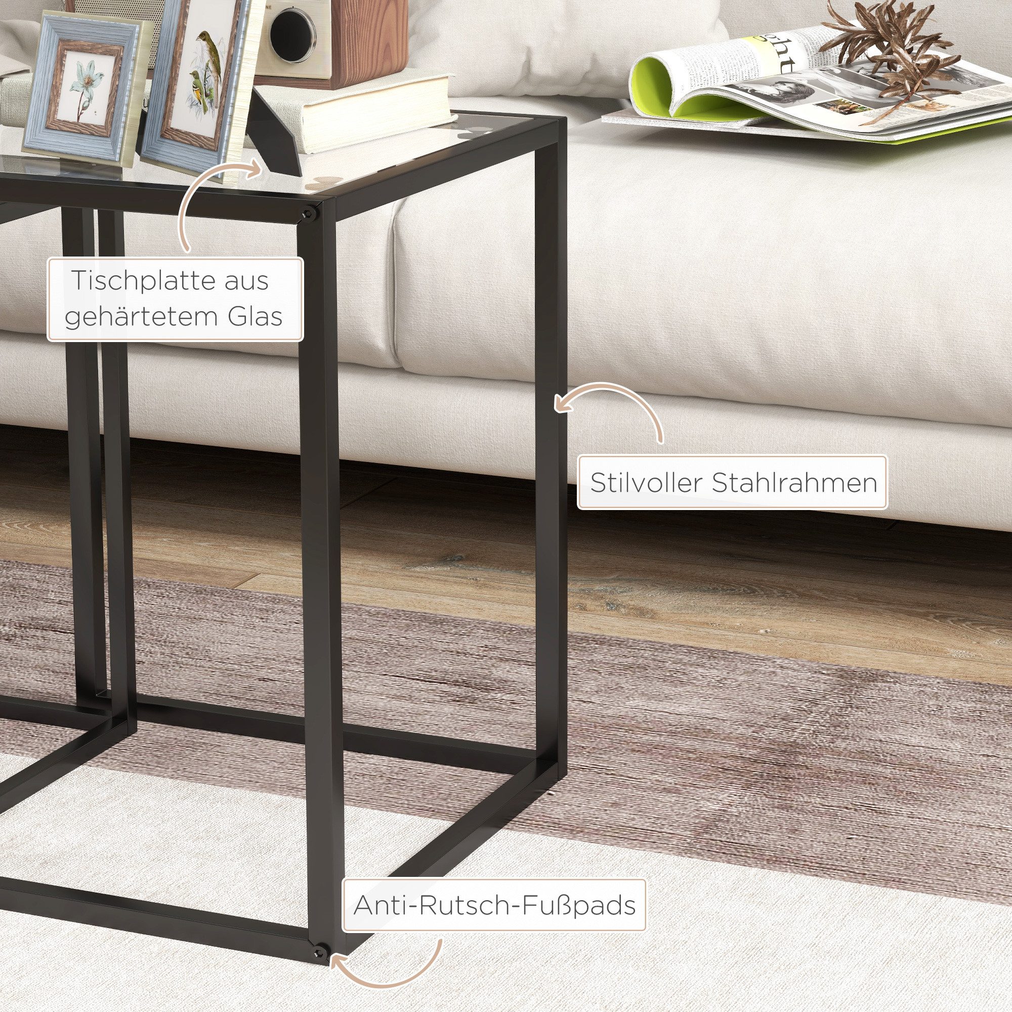 HOMCOM Beistelltisch Nachttisch Couchtisch stapelbar, mit Beinen aus Stahl, modern (Wohnzimmertisch, 2-St., Kaffeetisch), für Wohnzimmer, Schlafzimmer, Schwarz – Bild 5 von 5
