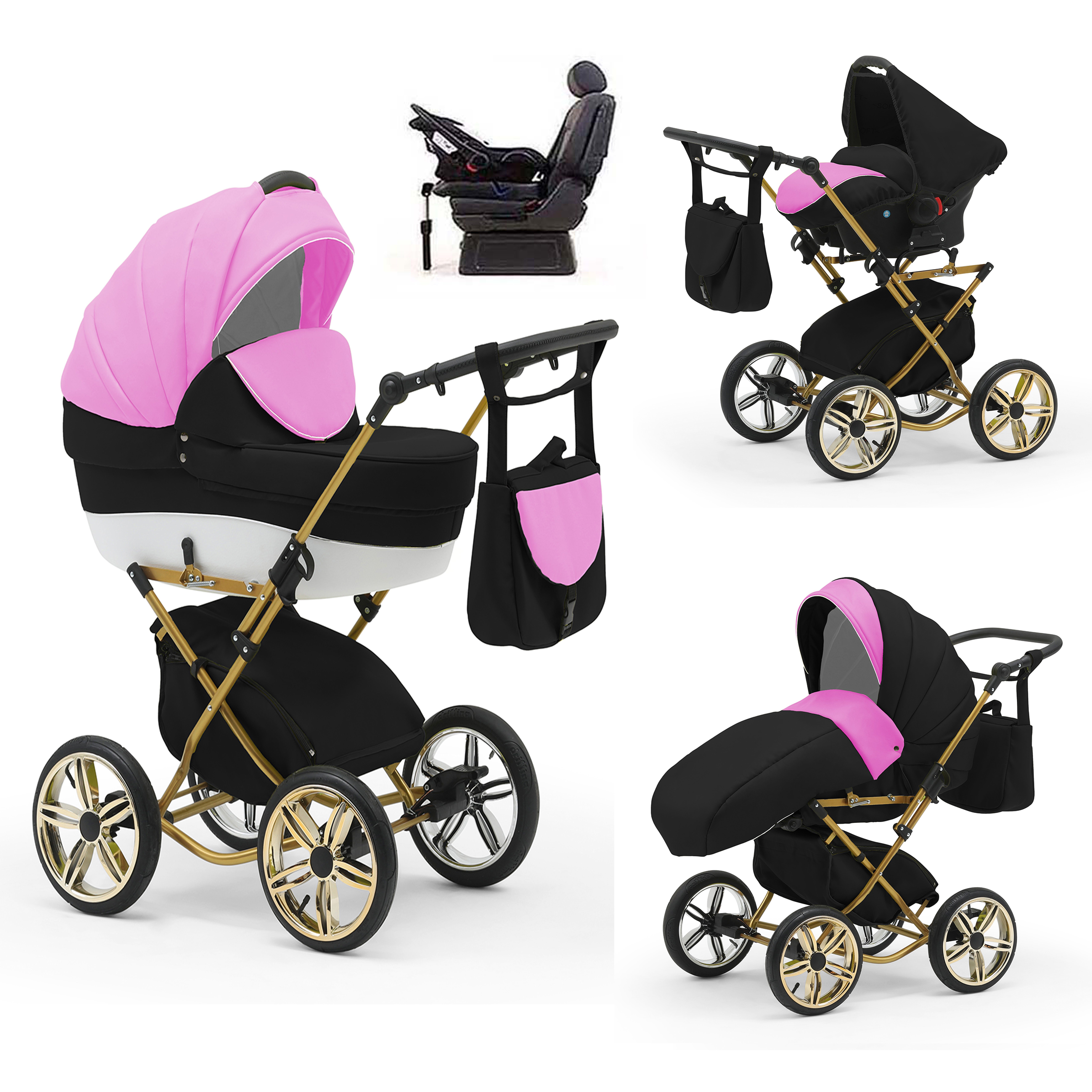 babies-on-wheels Kombi-Kinderwagen Sorento 4 in 1 inkl. Autositz und Iso Base - 14 Teile - in 10 Designs Pink-Weiß-Schwarz
